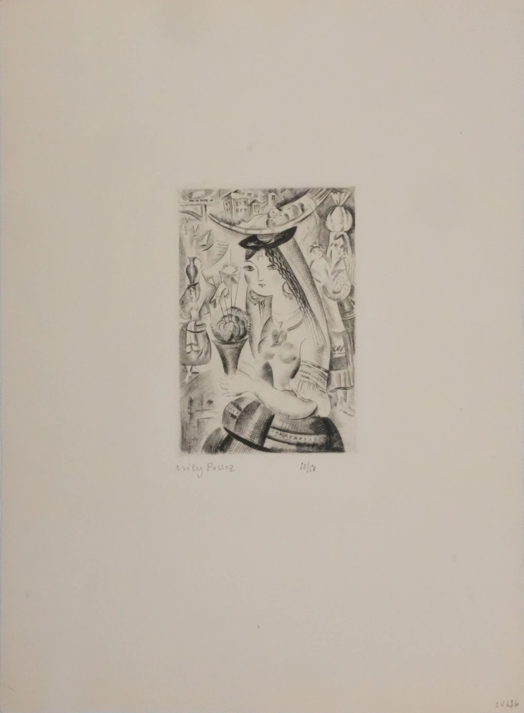 Mily POSSOZ : Jeune fille au bouquet de basilique - Gravure originale signée
