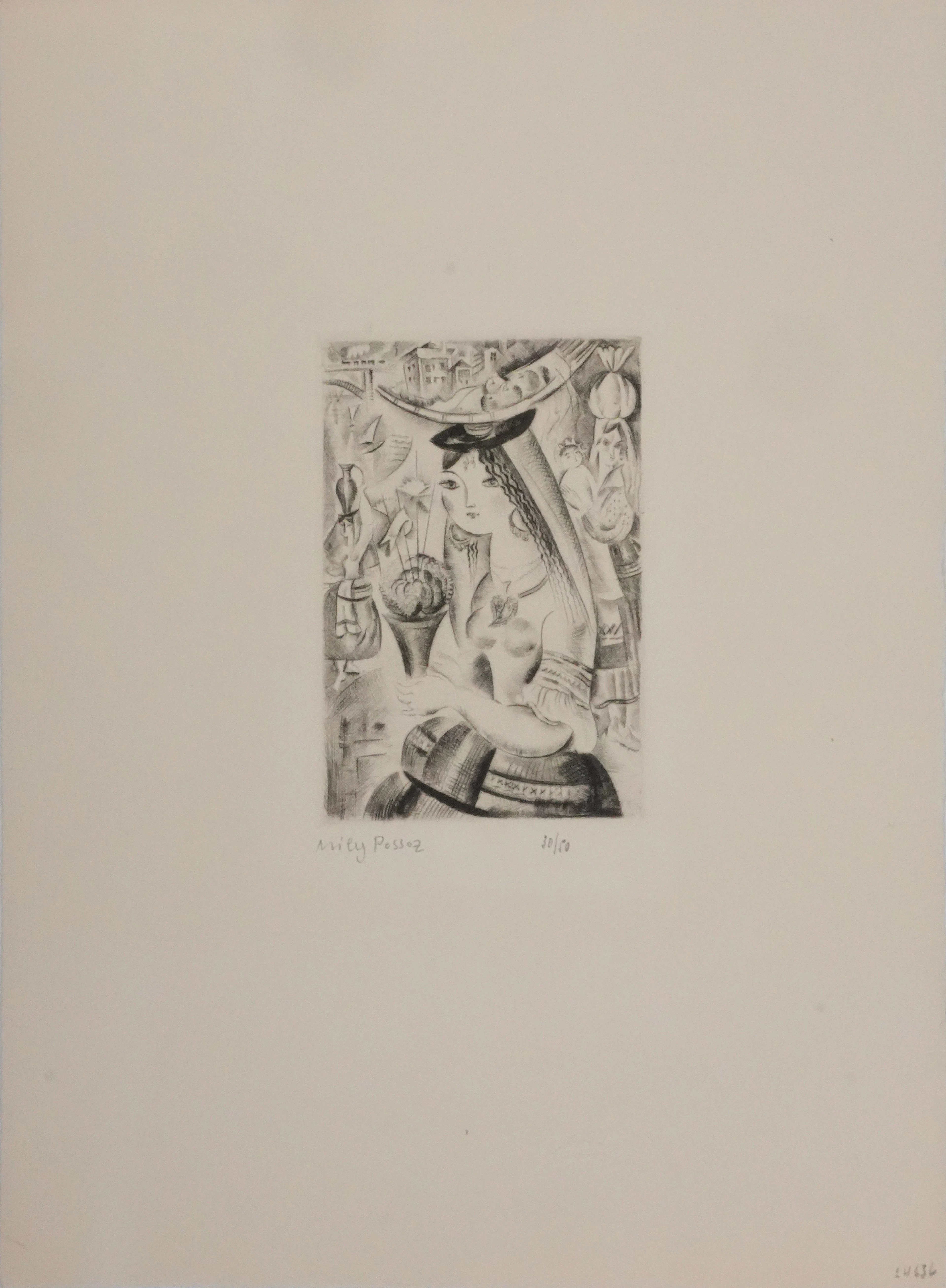 Mily POSSOZ : Jeune fille au bouquet de basilique - Gravure originale signée