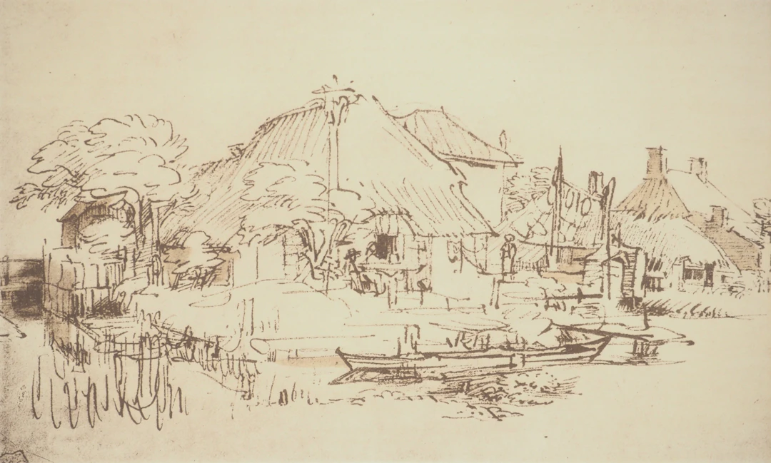 REMBRANDT : Maisons sur le bord d’un canal, Lithographie et pochoir