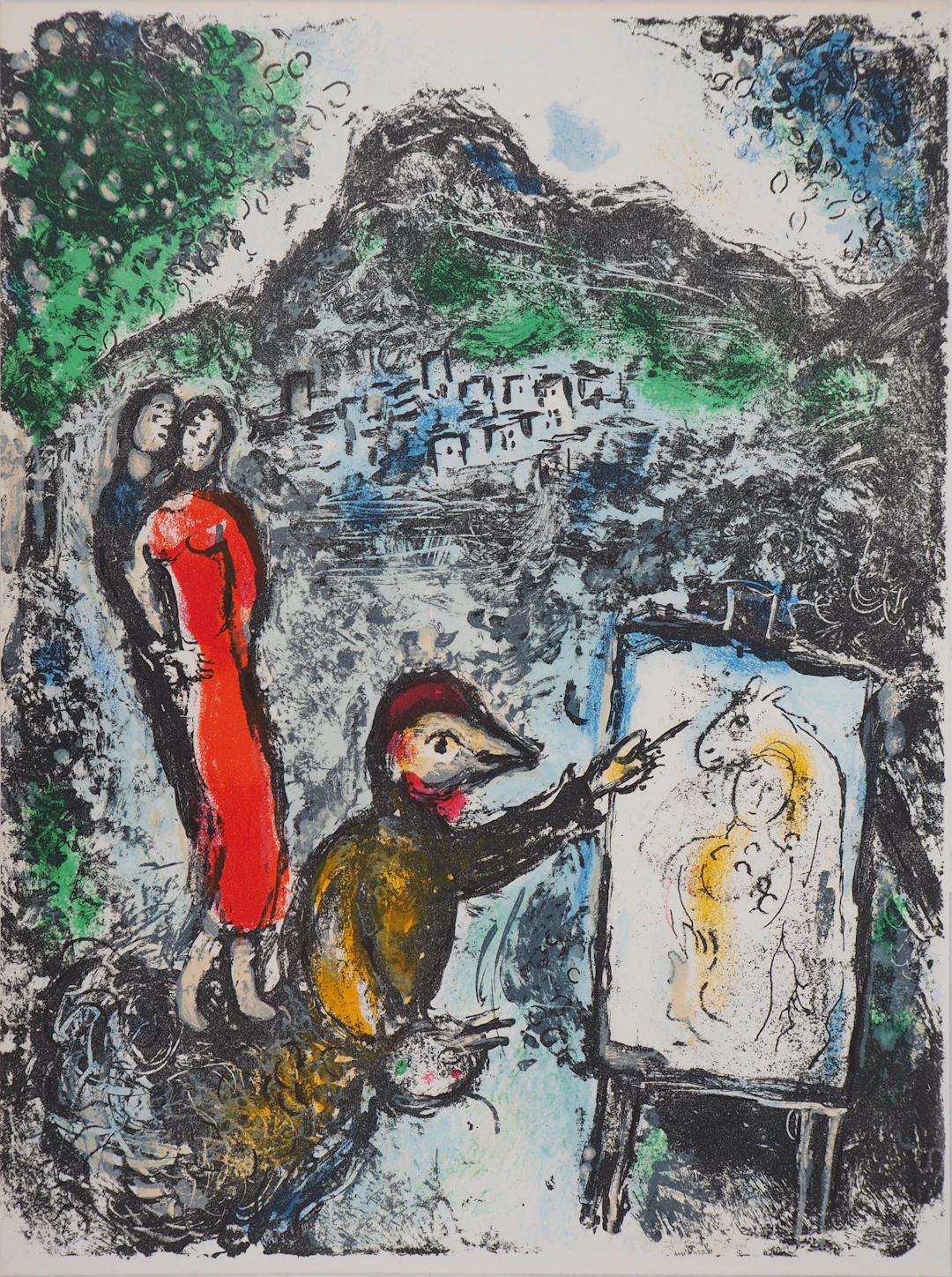 Marc CHAGALL : Couple et artiste devant Saint Jeannet, Lithographie originale