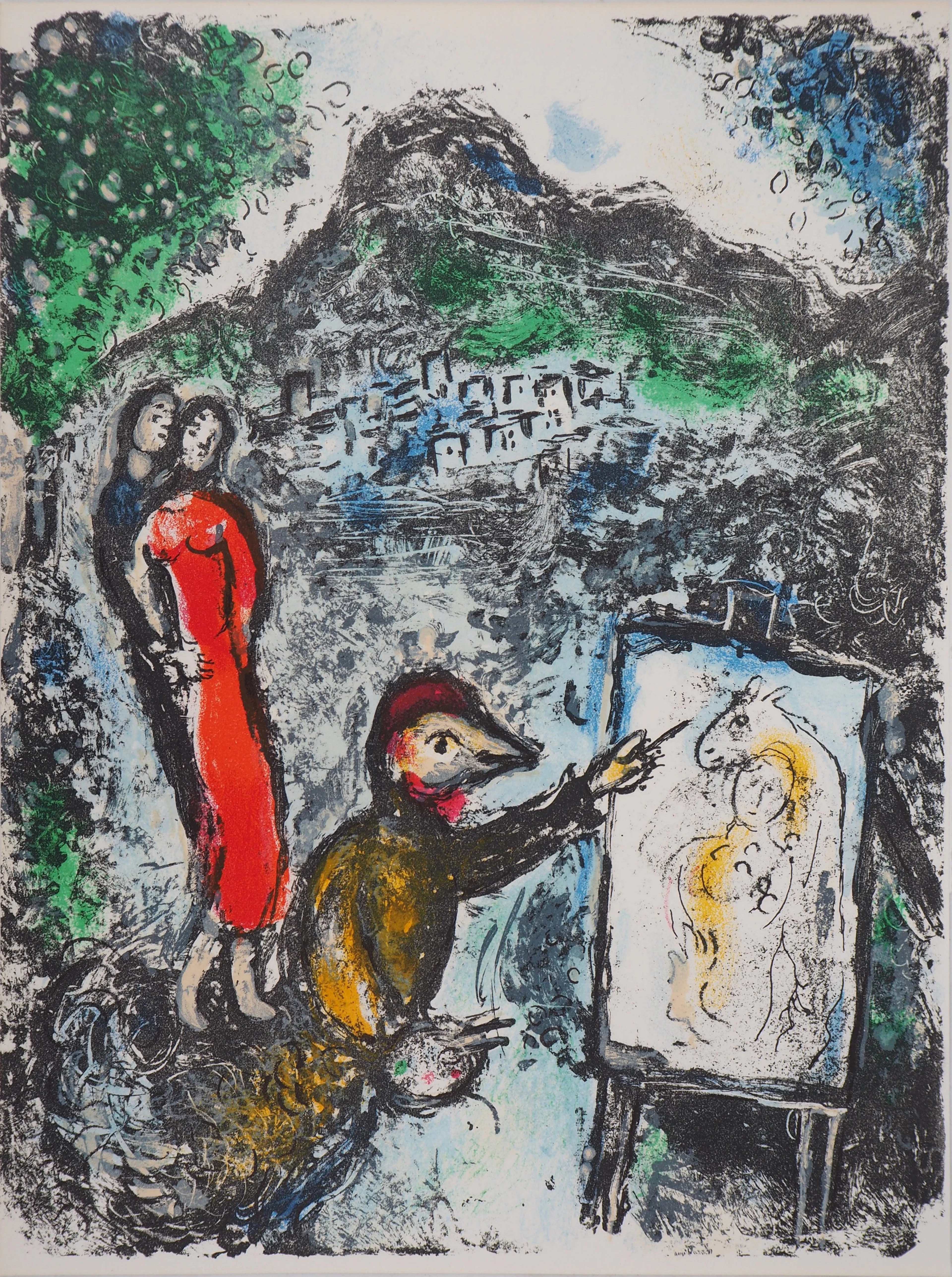Marc CHAGALL : Couple et artiste devant Saint Jeannet, Lithographie originale