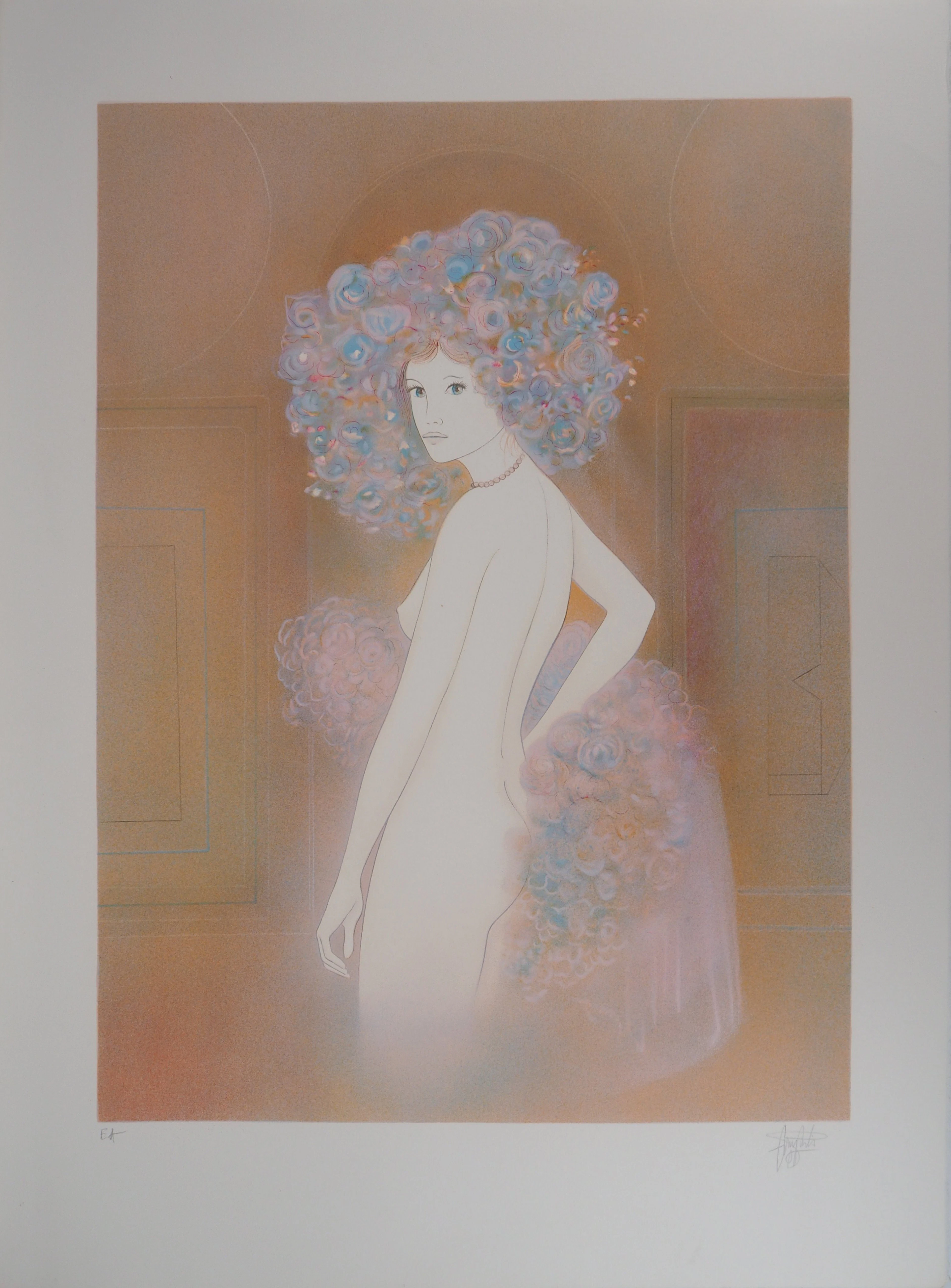 Guy RIBES : Jeune fille en fleurs - Lithographie originale signée