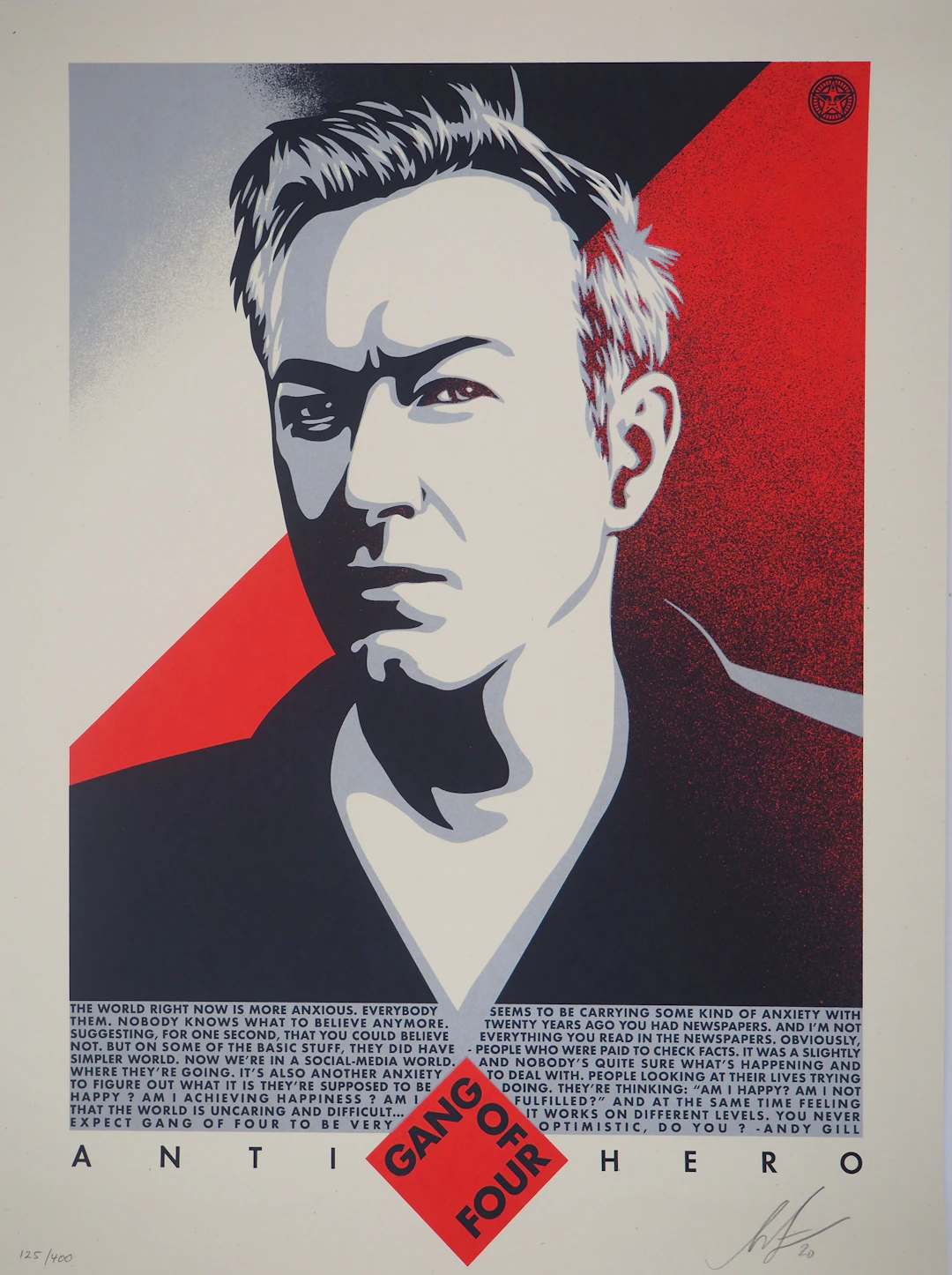 Shepard FAIREY (OBEY) : Andy Gill, Anti Hero Red Edition - Sérigraphie