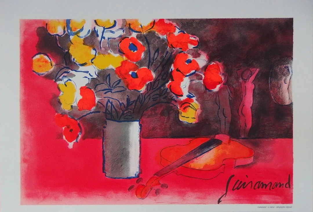Paul GUIRAMAND - Nu, bouquet et violon - Lithographie signée