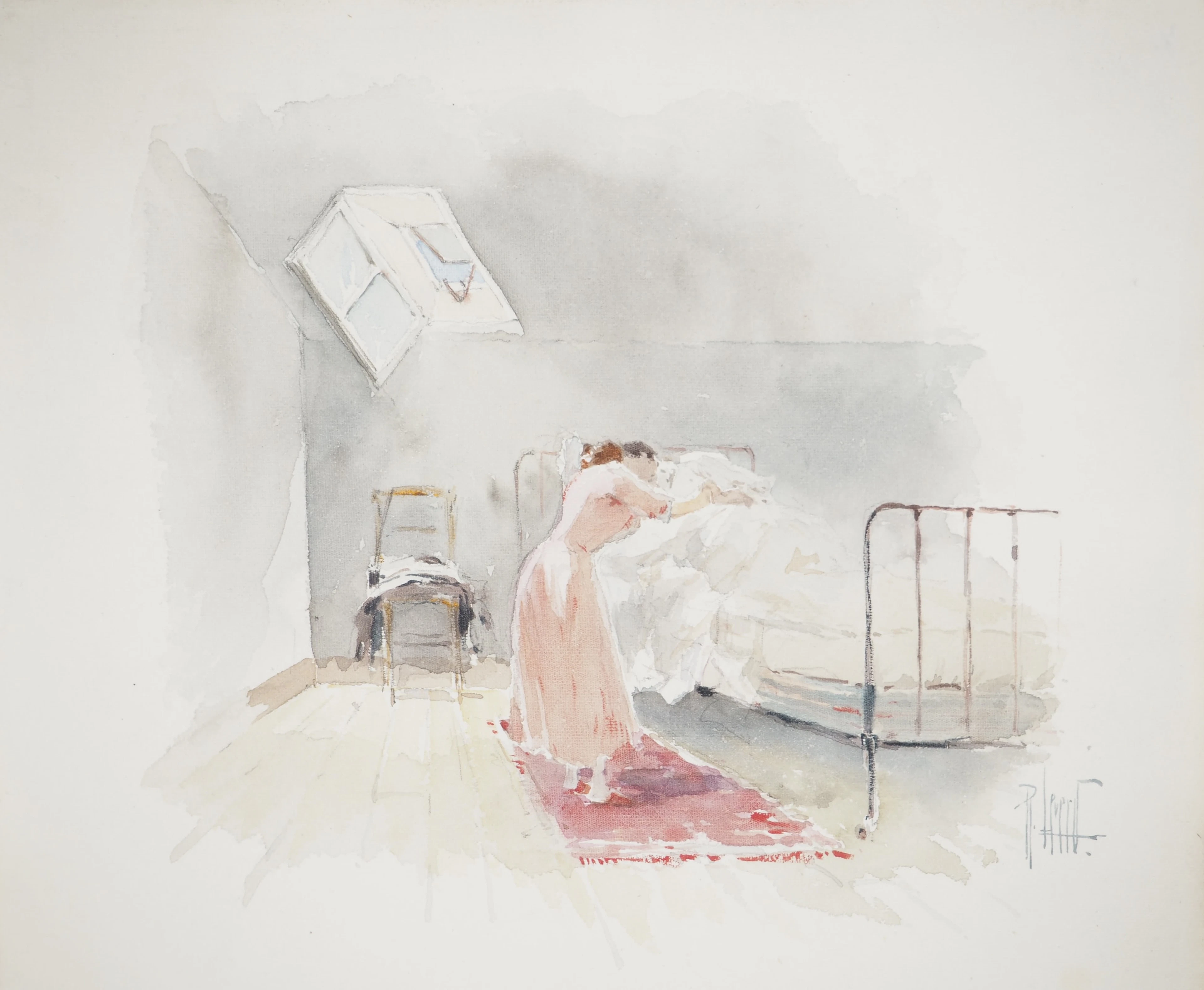 René LEVERD : Femme en rose, Aquarelle originale signée