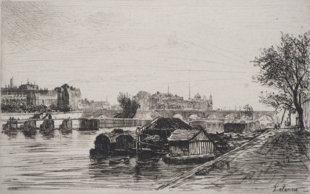 Maxime LALANNE : Paris, Vue prise du Pont St-Michel - Eau forte Originale