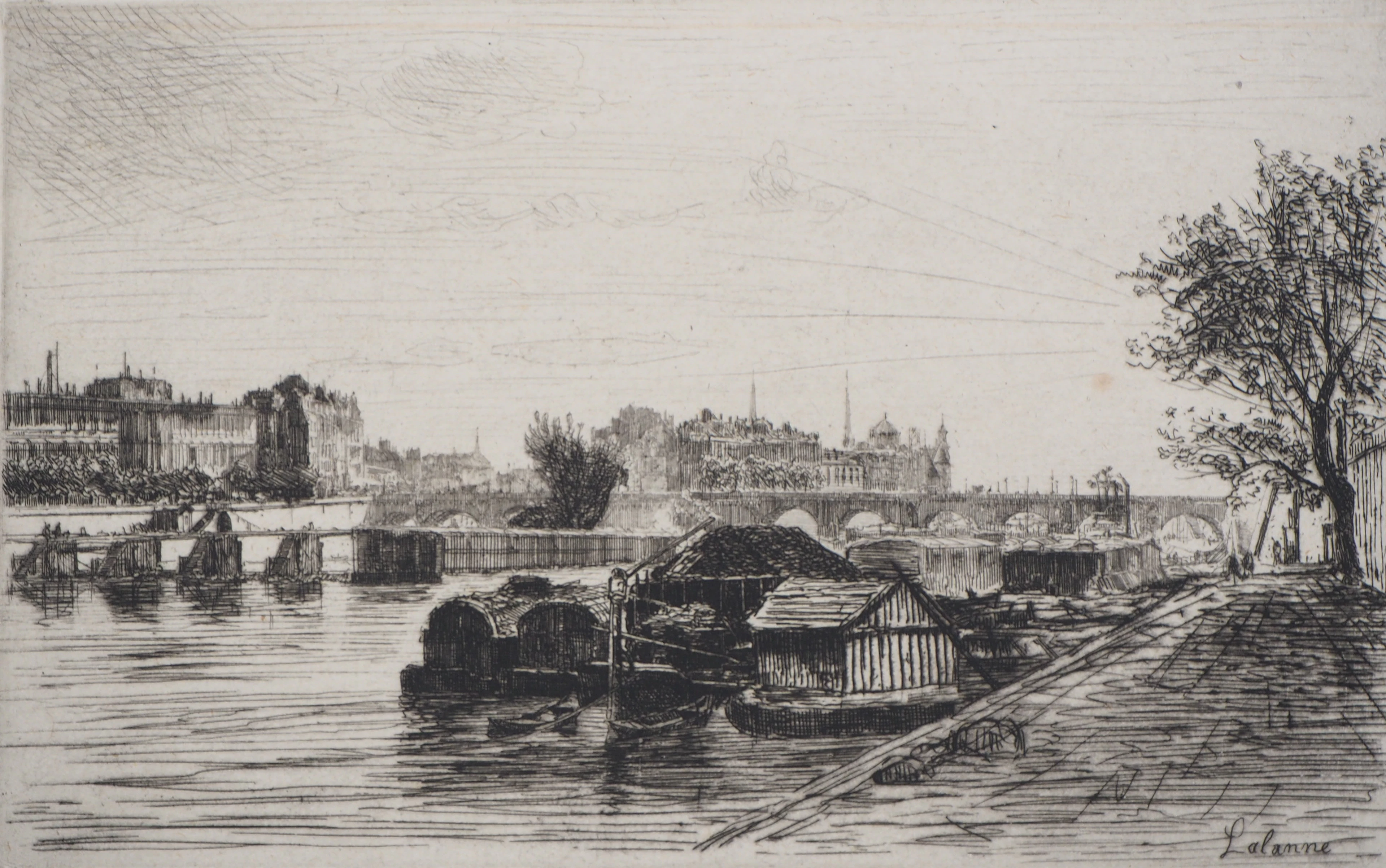 Maxime LALANNE : Paris, Vue prise du Pont St-Michel - Eau forte Originale