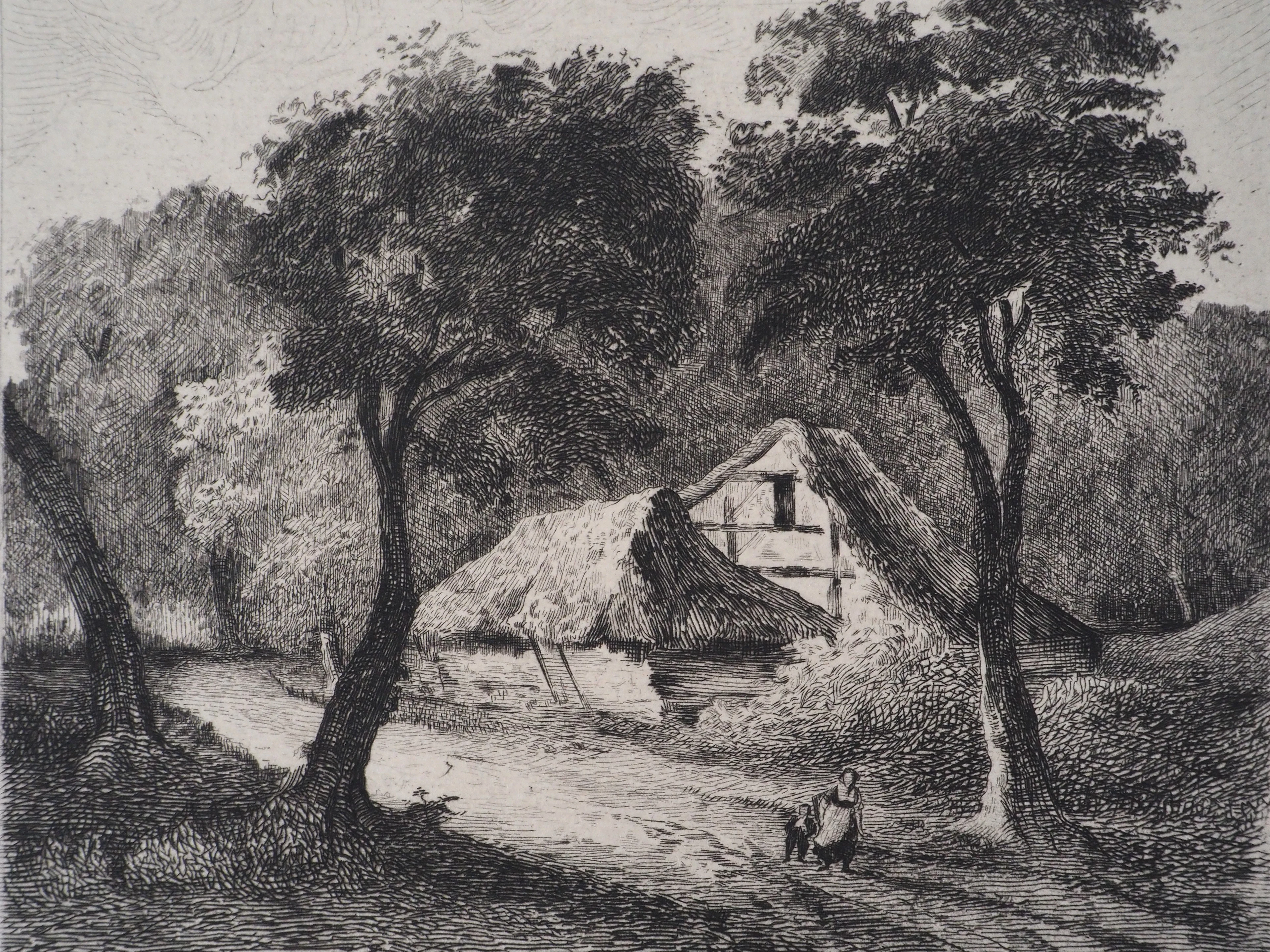 Georges Michel (d’après) - Chaumières sous les arbres - Gravure, Signée