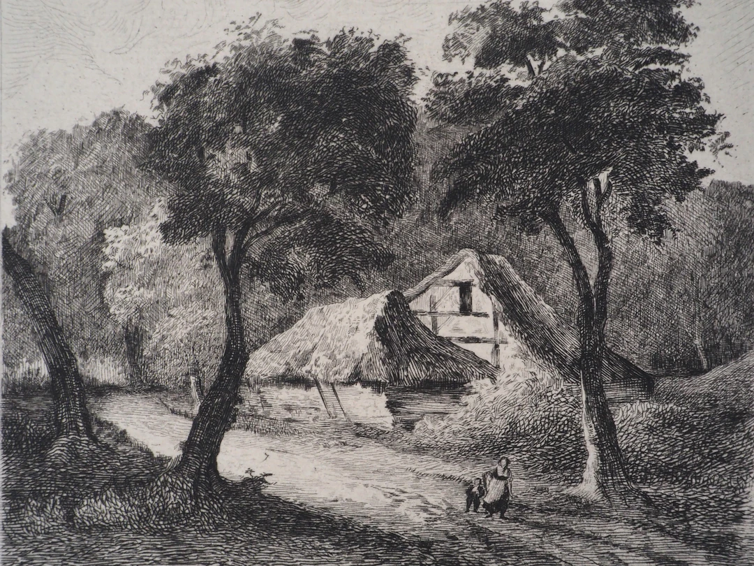 Georges Michel (d’après) - Chaumières sous les arbres - Gravure, Signée