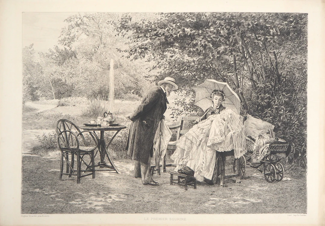 Eugène GIRARDET : Le Premier sourire, 1883 - Gravure originale signée