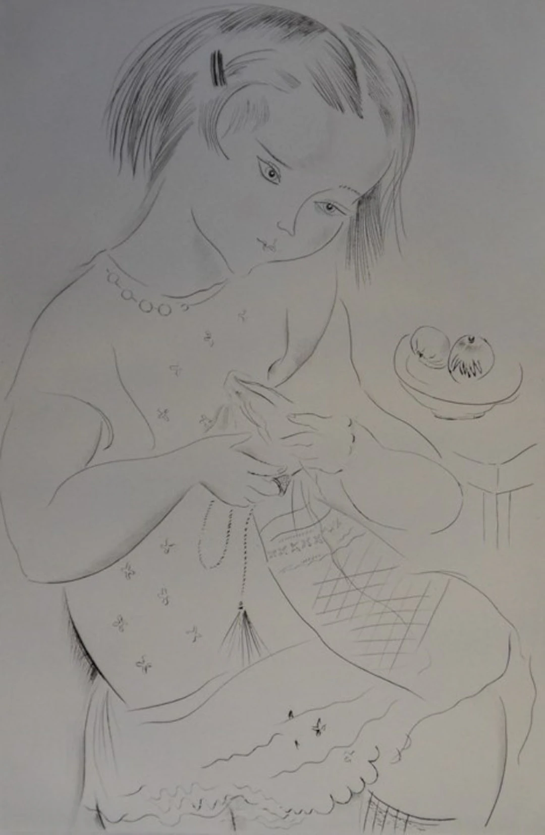 Mily POSSOZ : La jeune fille cousant - Gravure originale signée