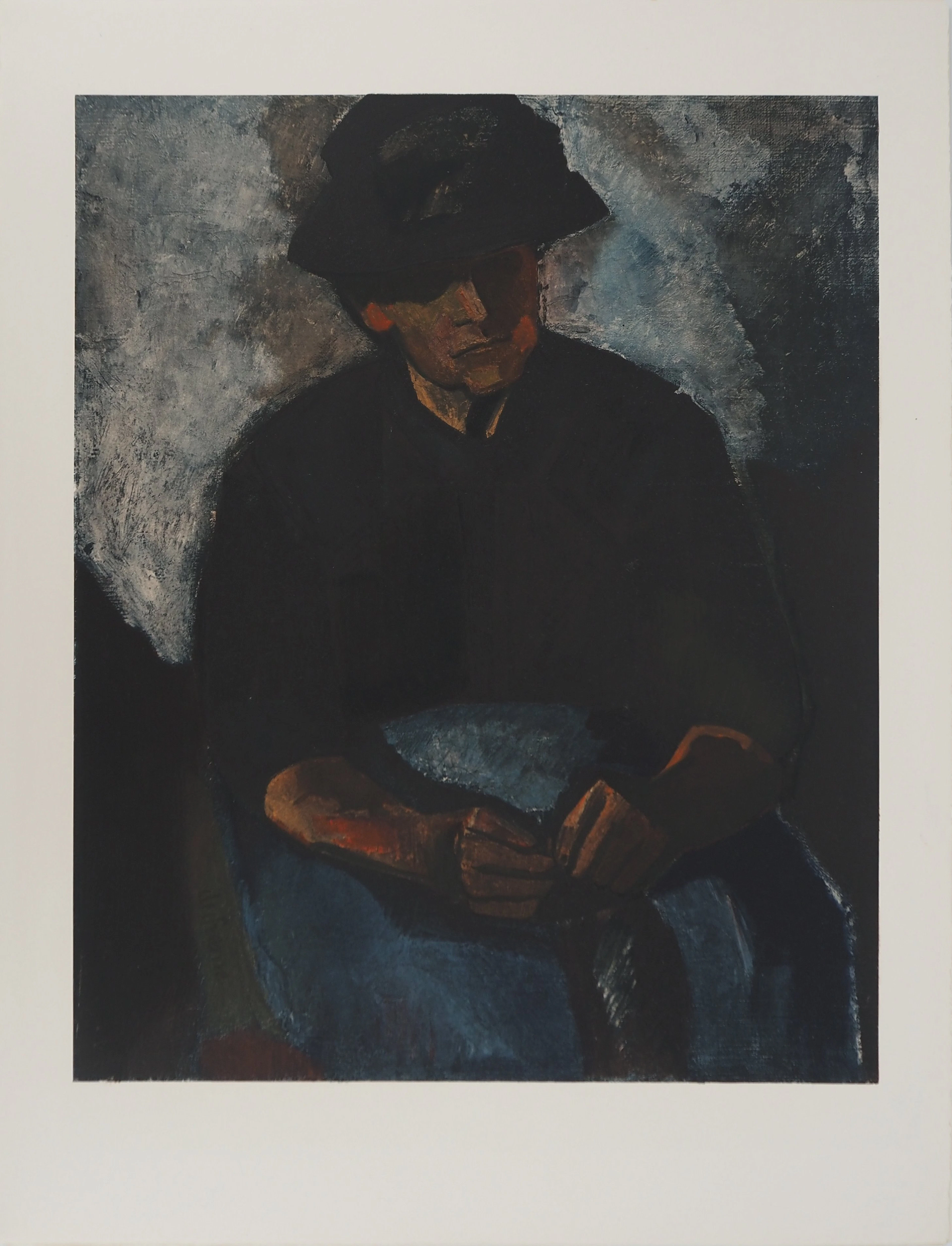 Charles DUFRESNE : Vieille femme tricotant, Lithographie signée