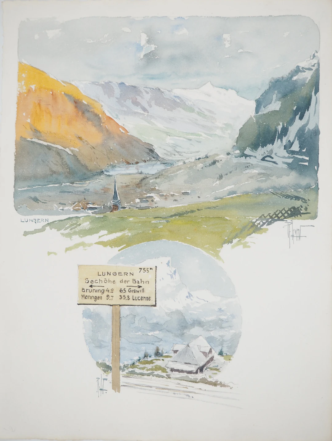 René LEVERD : Suisse, Direction Lungern, Aquarelle originale signée