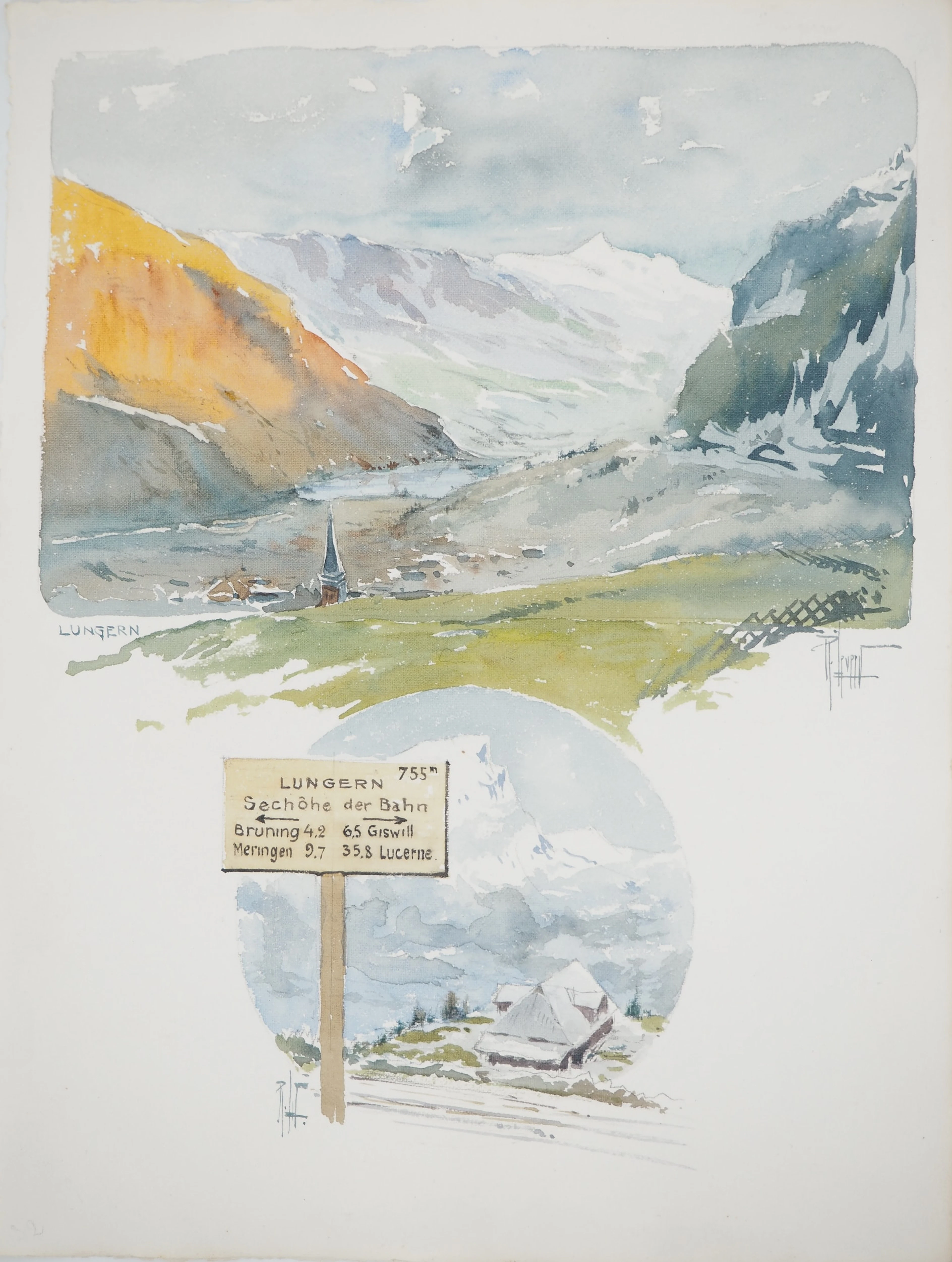 René LEVERD : Suisse, Direction Lungern, Aquarelle originale signée