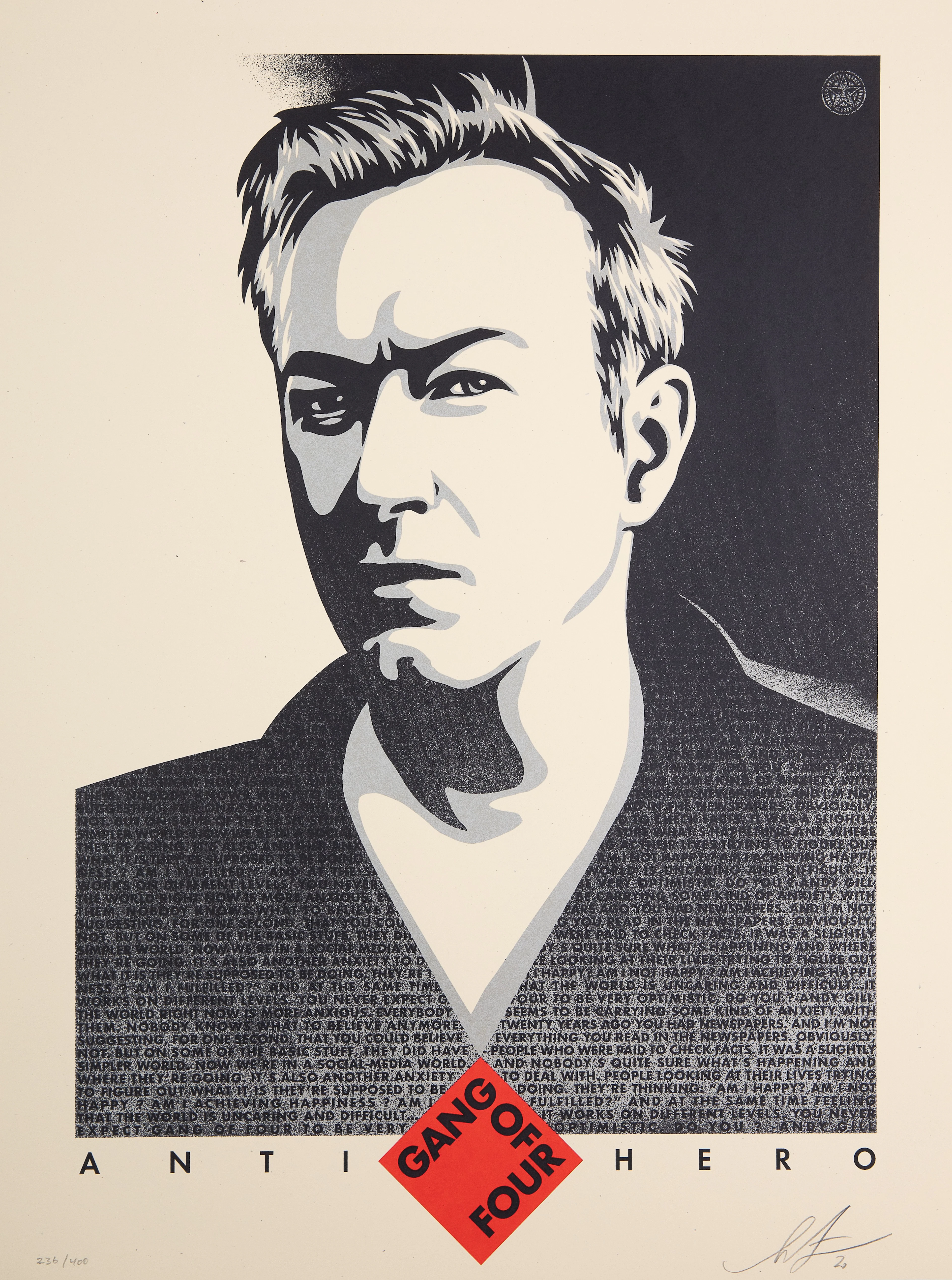 Shepard FAIREY (OBEY) : Andy Gill, Anti Hero - Sérigraphie originale signée