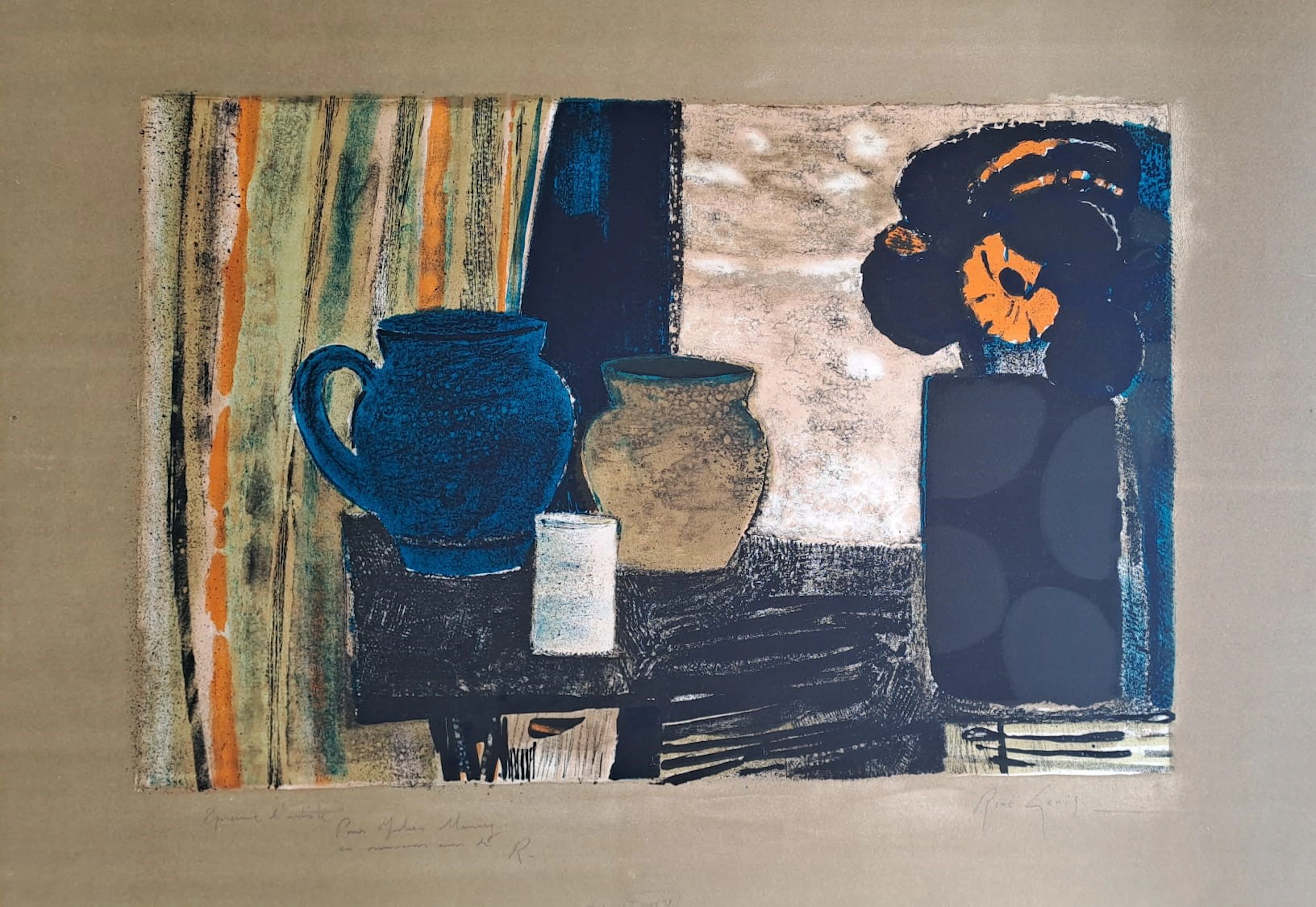René Genis - Nature morte à la cruche bleue - Lithographie originale