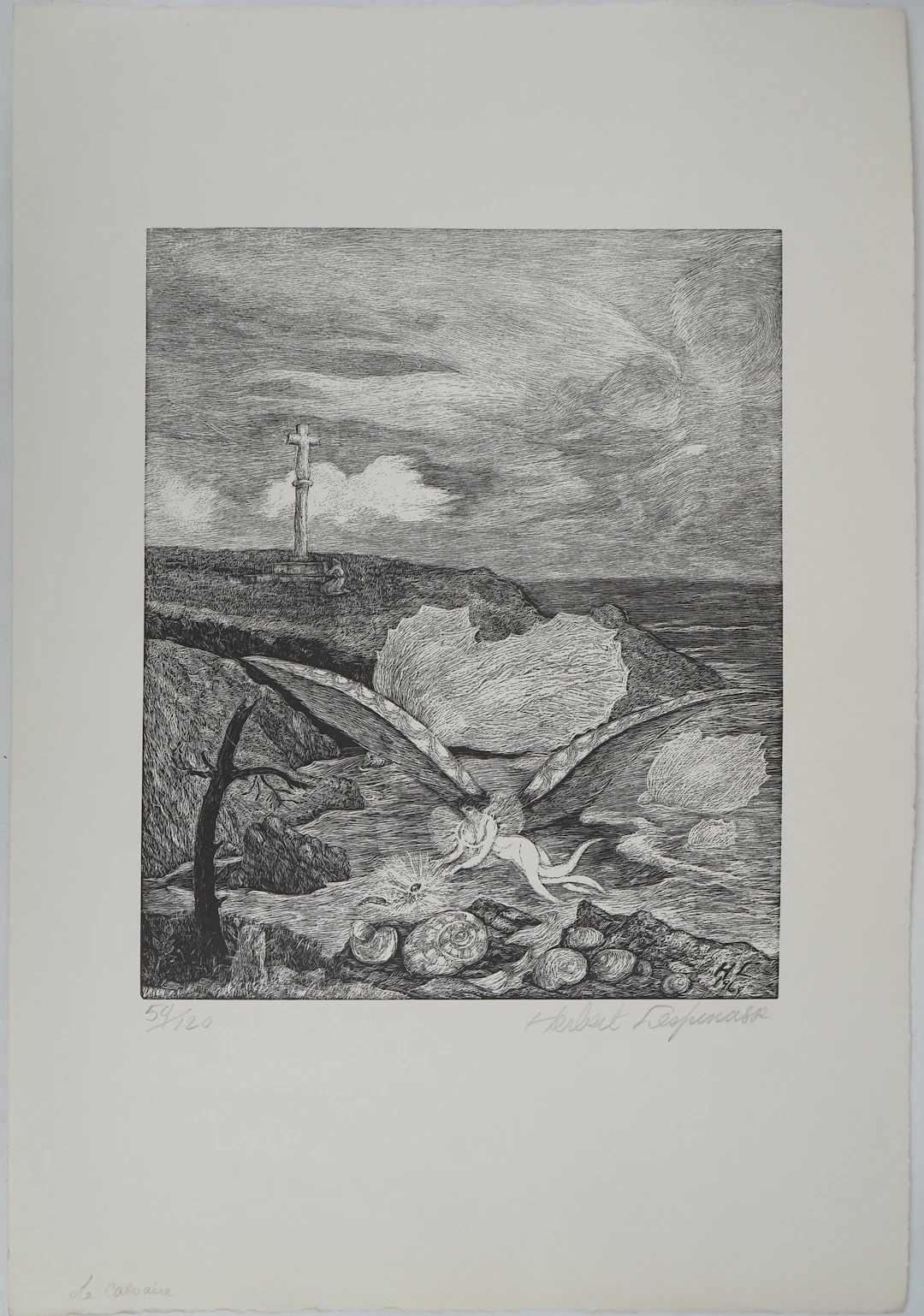 Herbert LESPINASSE, Le calvaire, 1969 - Gravure sur bois Signée