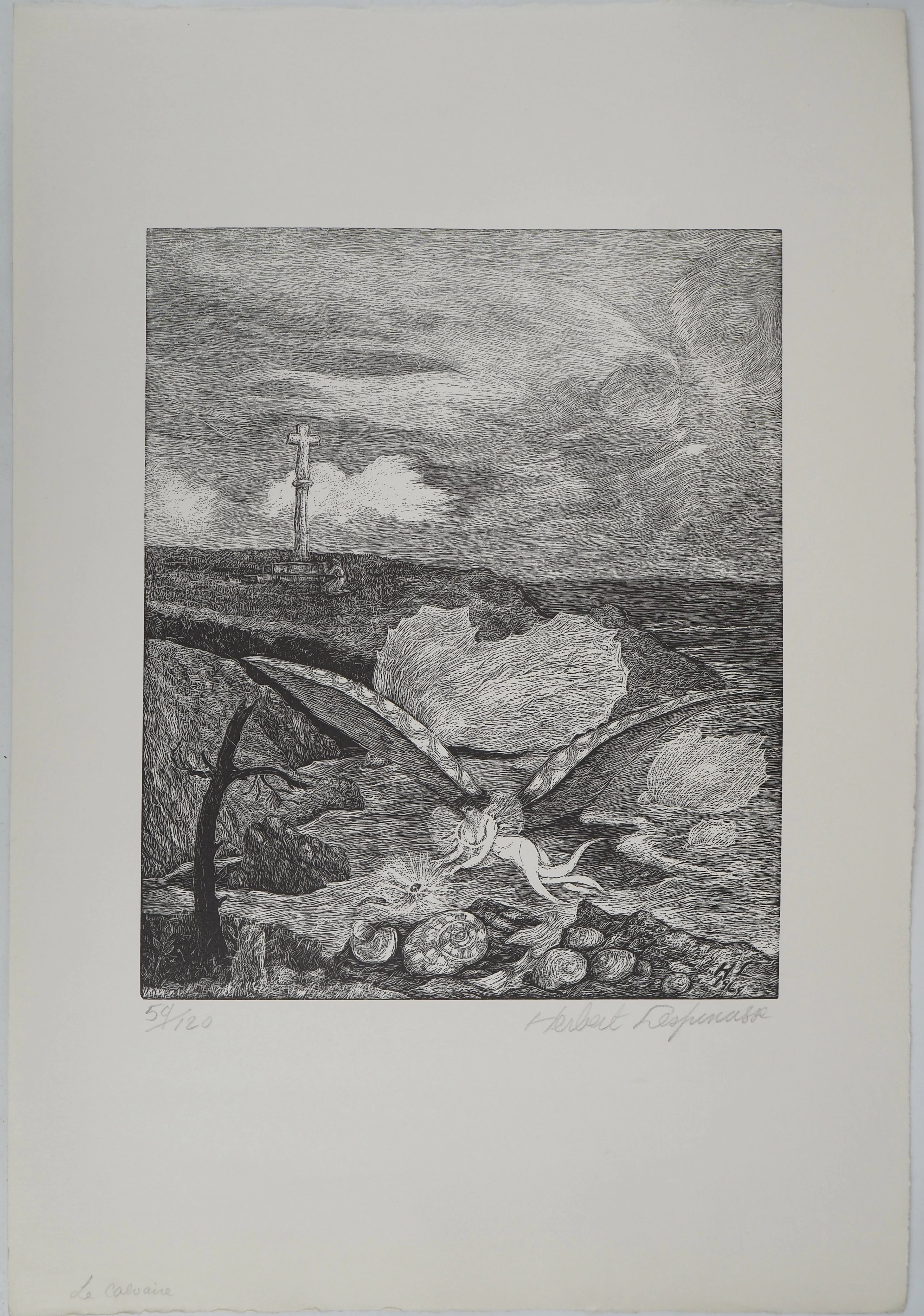 Herbert LESPINASSE, Le calvaire, 1969 - Gravure sur bois Signée