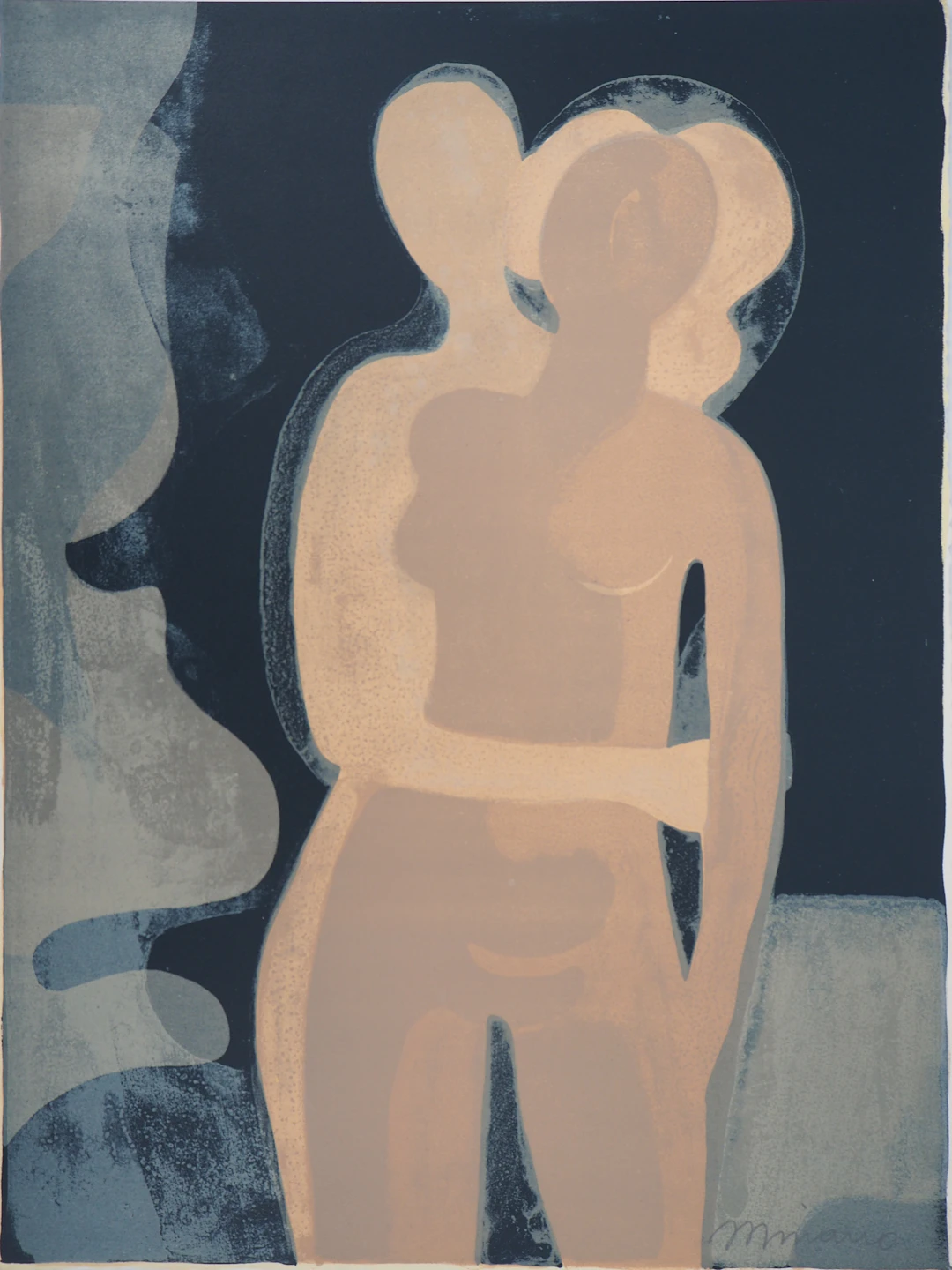 André MINAUX : Étreinte dans la nuit, - Lithographie originale Signée