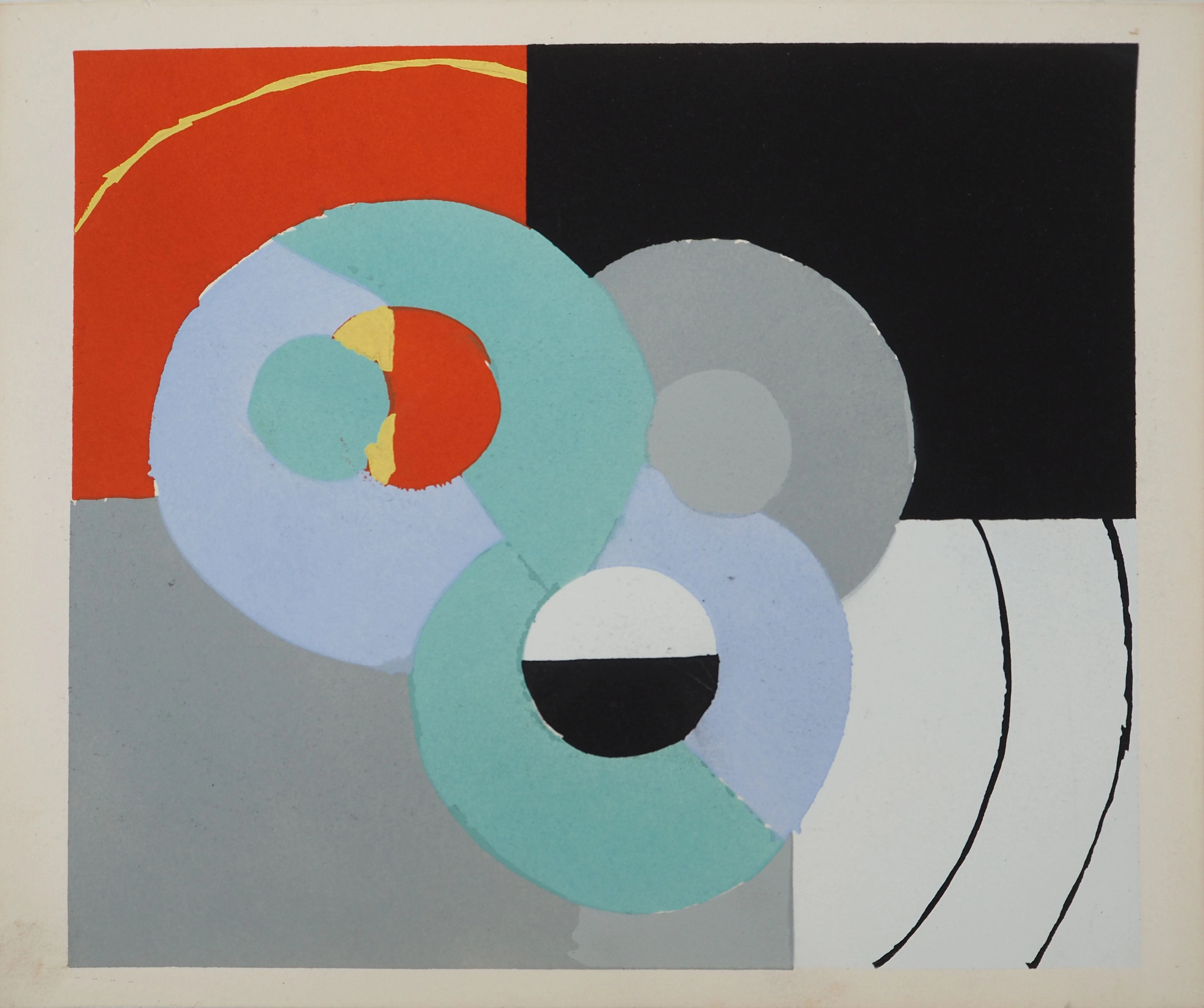 Sonia DELAUNAY : Harmonie abstraite aux trois sphères, Lithographie et pochoir