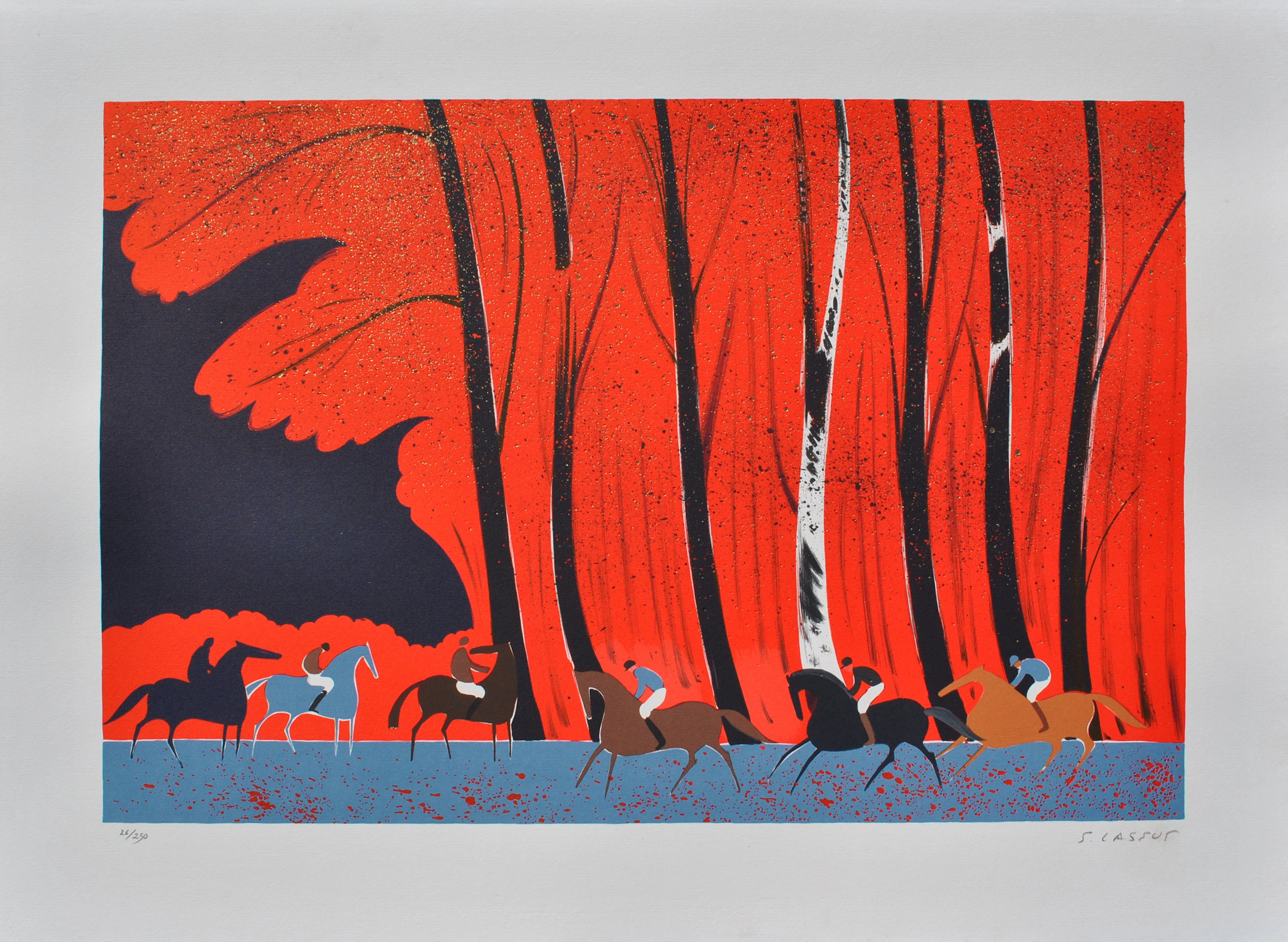 Serge LASSUS : Cavaliers et forêt rouge, Lithographie originale signée, 250ex