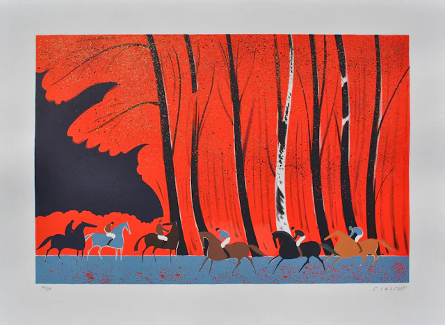 Serge LASSUS : Cavaliers et forêt rouge, Lithographie originale signée, 250ex