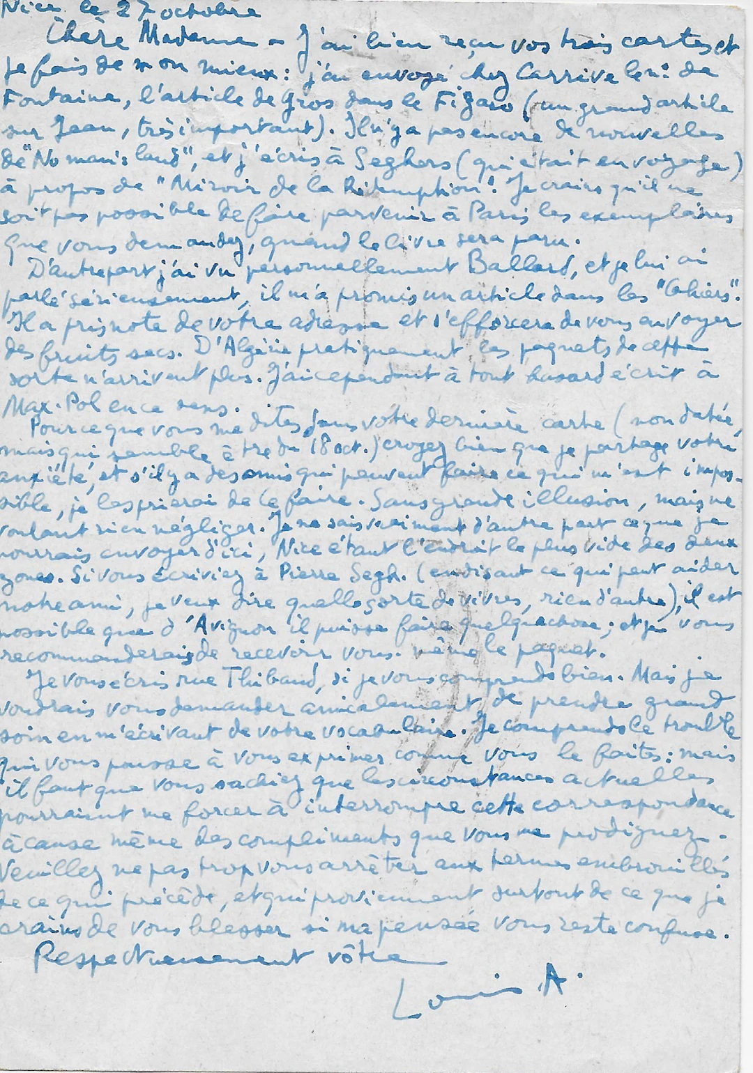Louis ARAGON – Carte autographe signée