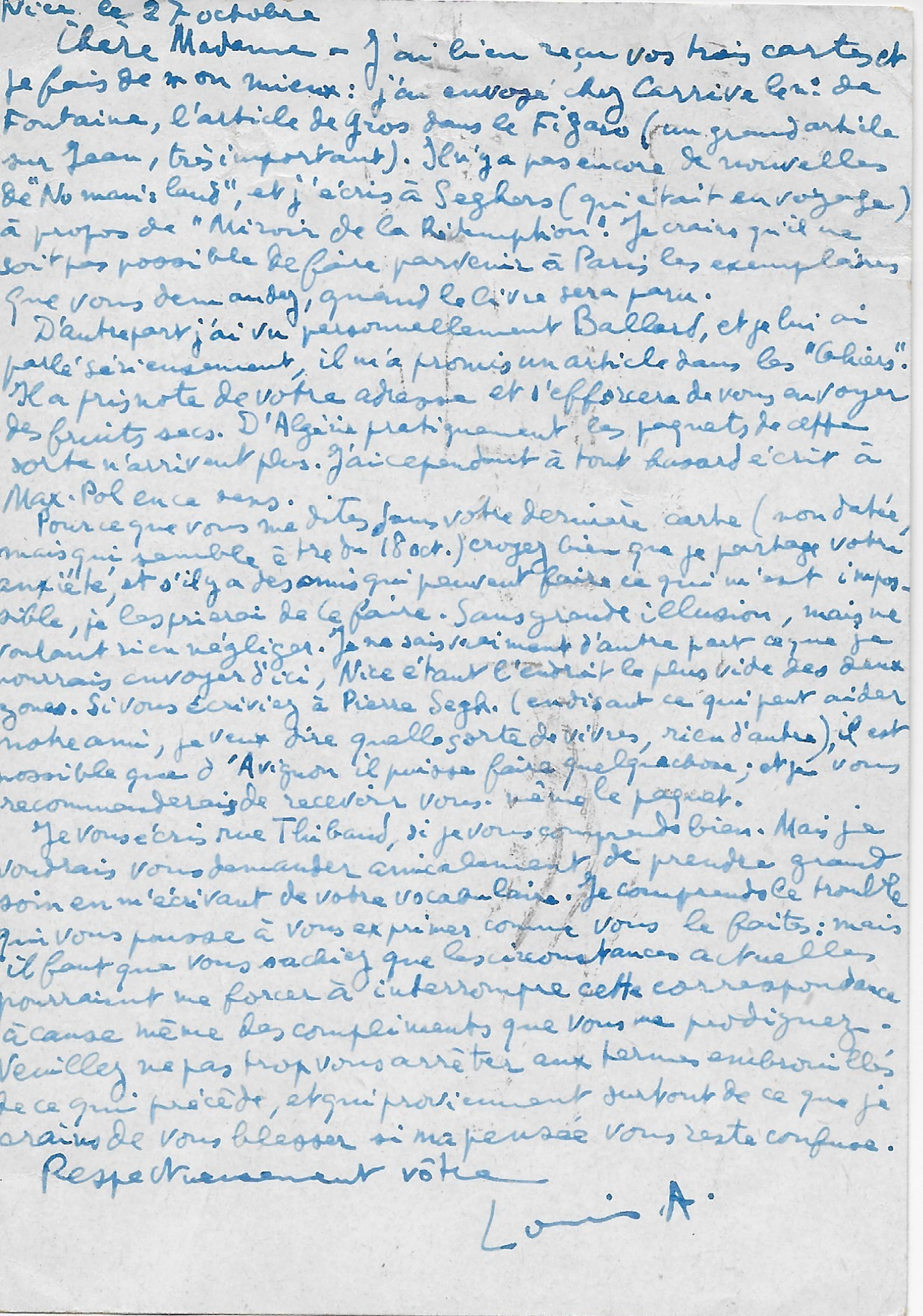 Louis ARAGON – Carte autographe signée