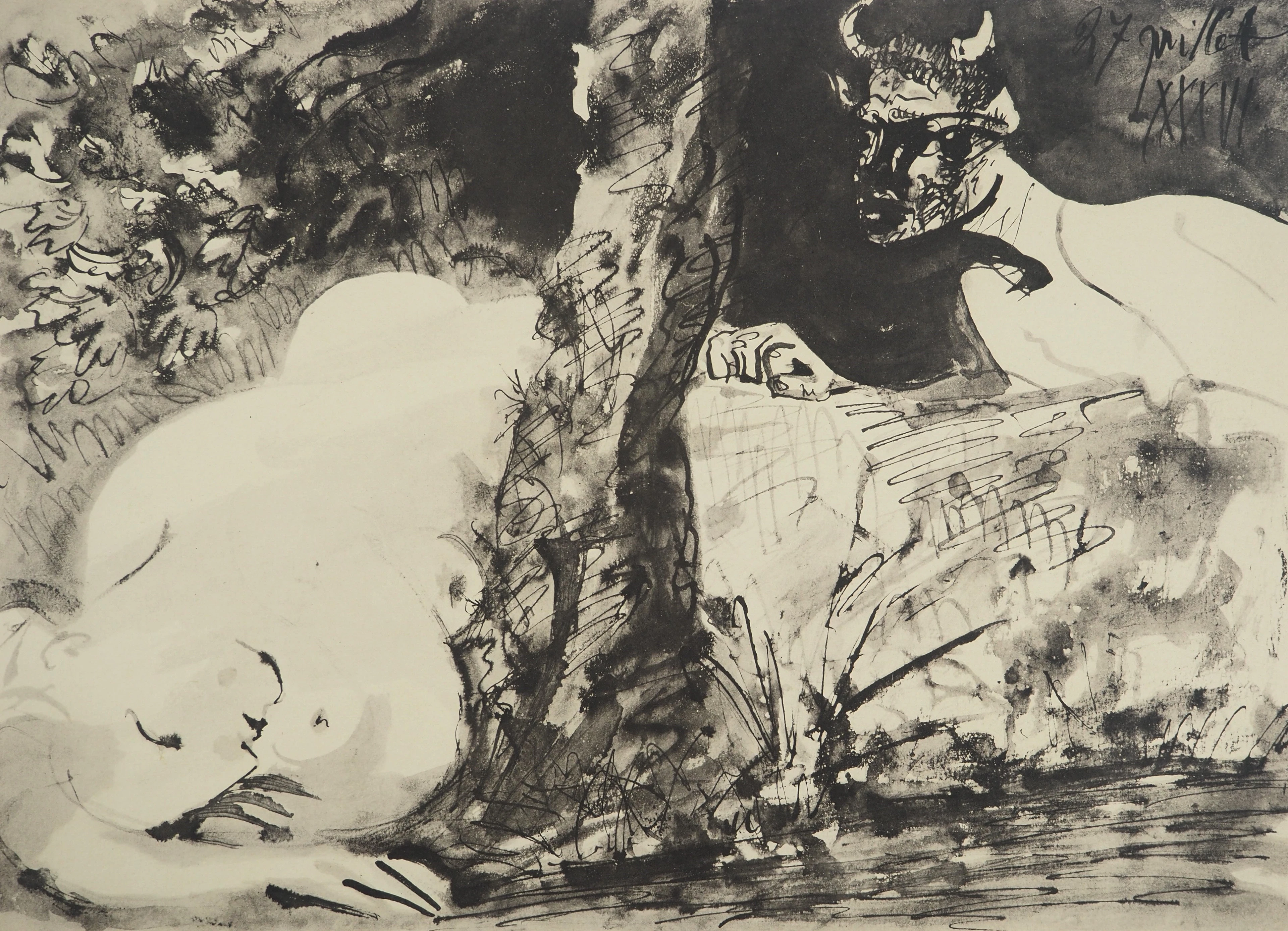 Pablo PICASSO : La jeune fille endormie et le faune, Lithographie et pochoir