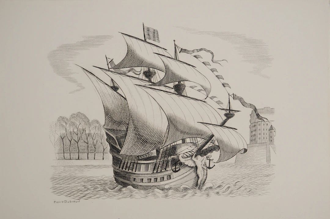 Pierre DUBREUIL : Navire sur la Seine, Gravure originale signée