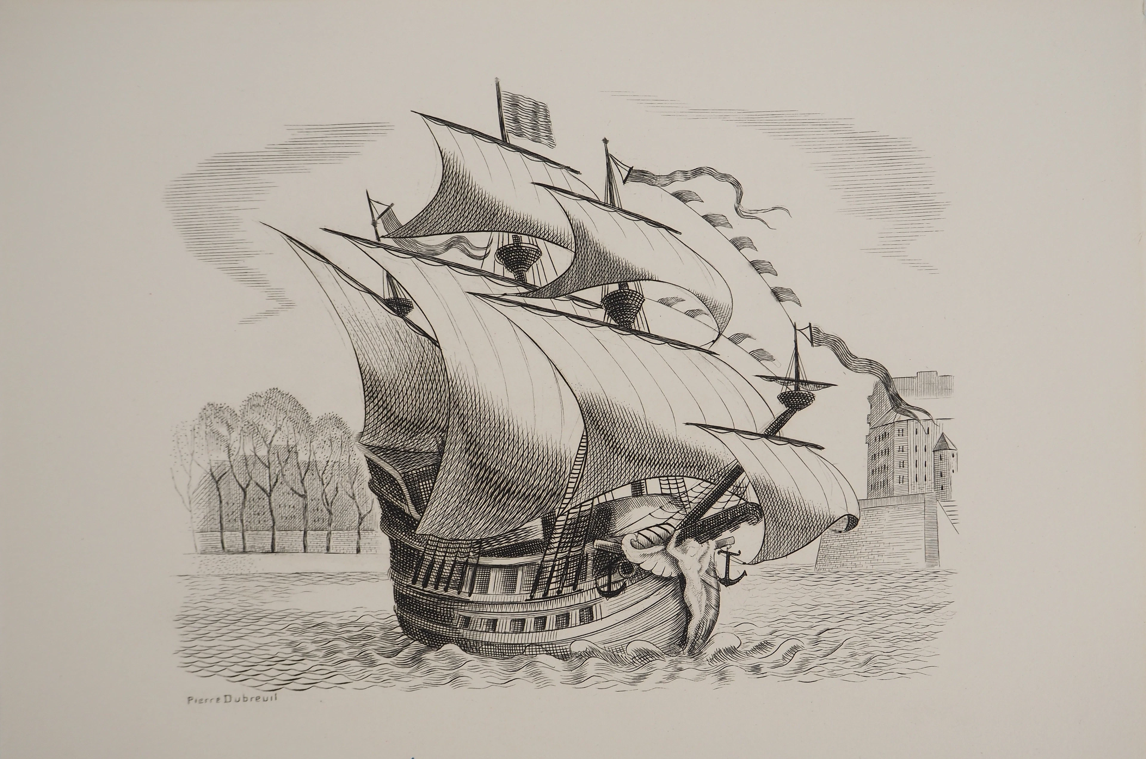 Pierre DUBREUIL : Navire sur la Seine, Gravure originale signée