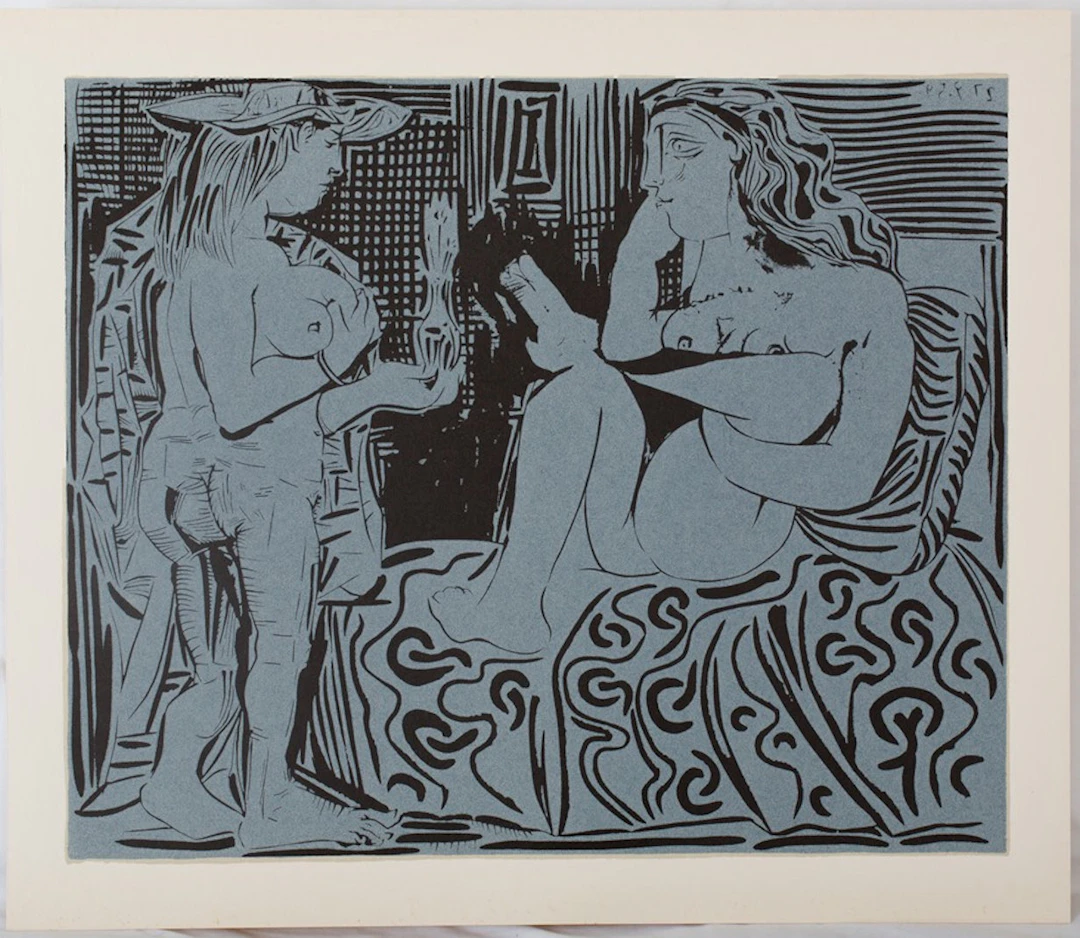 Pablo PICASSO : Deux femmes au flacon de parfum, Linogravure