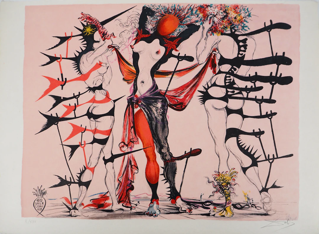 Salvador DALI : Costumes pour Tristan Fou, Femmes fleurs, Lithographie
