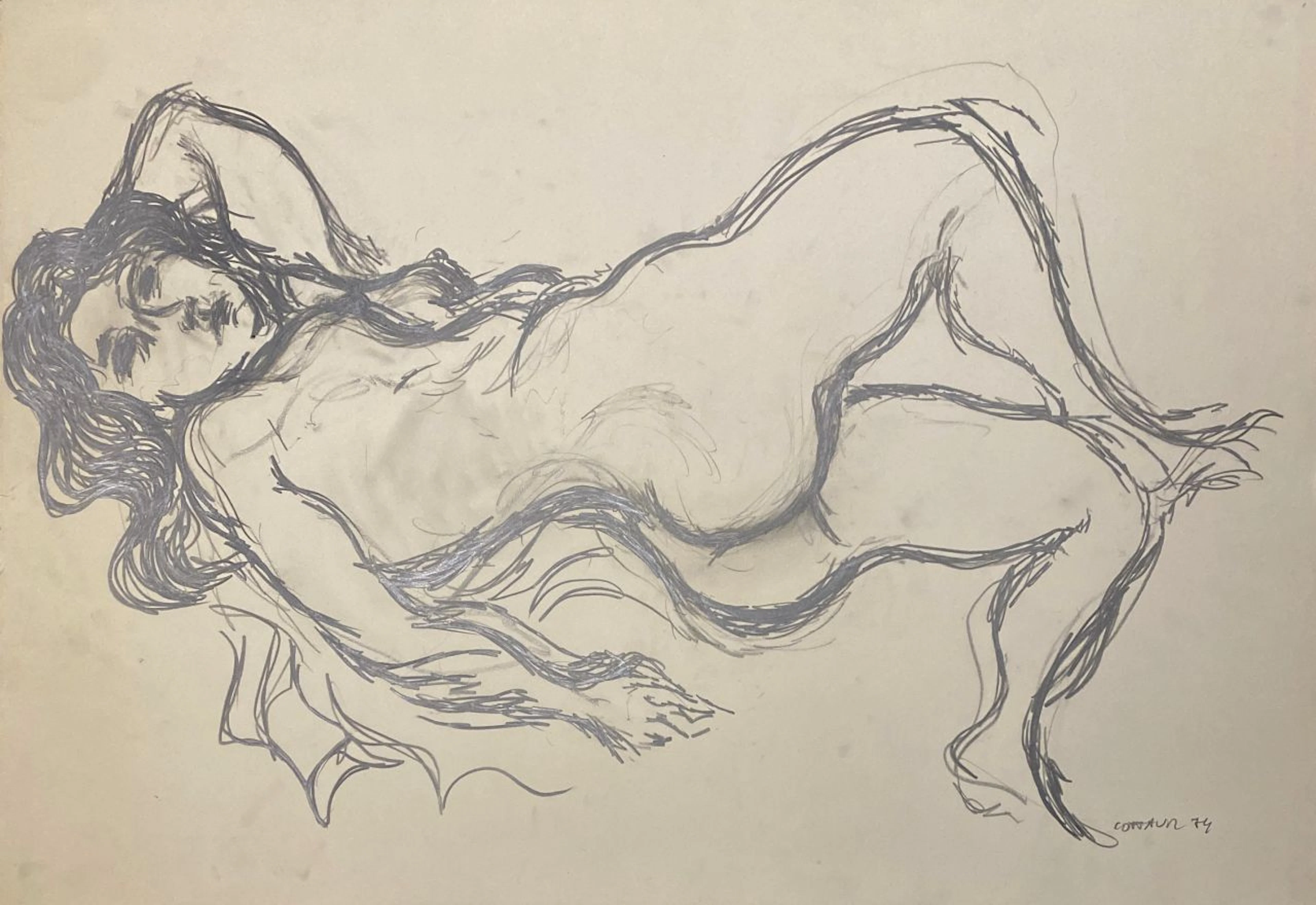 André COTTAVOZ - Nu allongé, 1974 - Dessin original au fusain signé et daté
