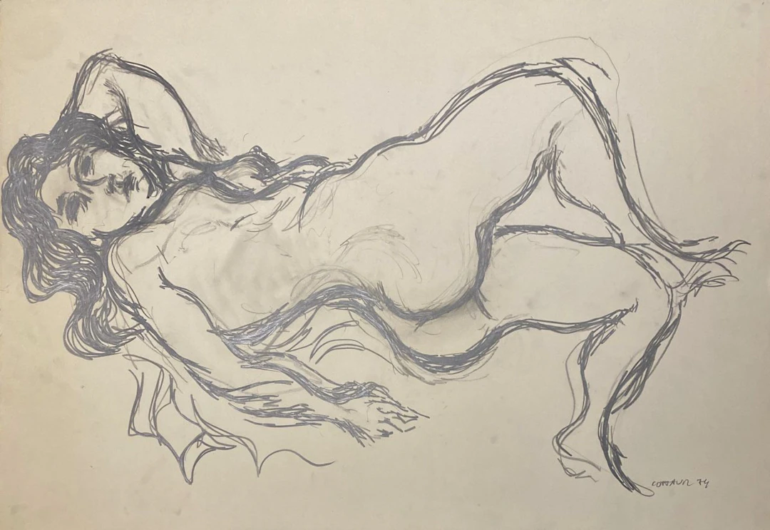 André COTTAVOZ - Nu allongé, 1974 - Dessin original au fusain signé et daté