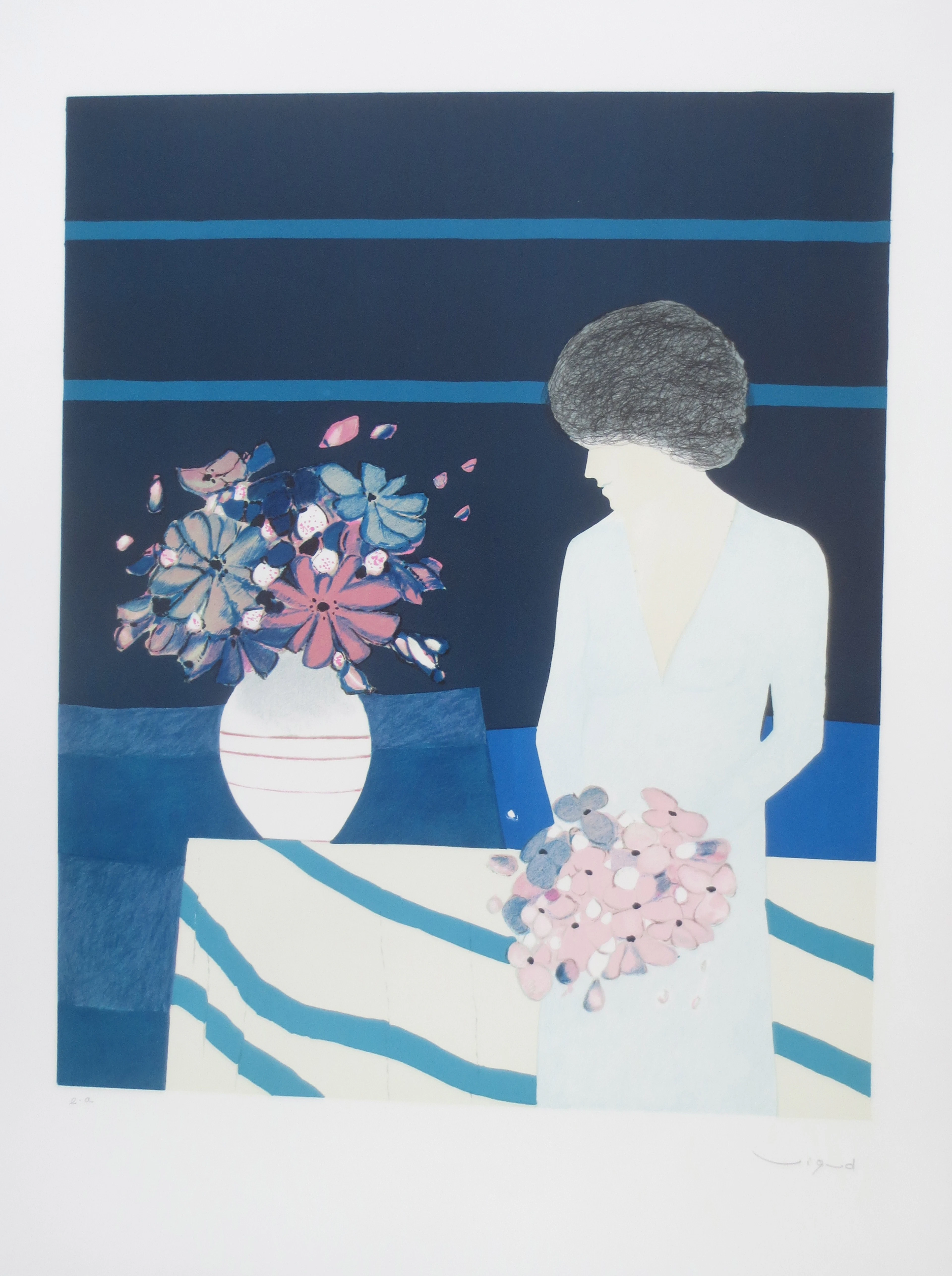 André VIGUD - Femme au bouquet - Lithographie signée au crayon