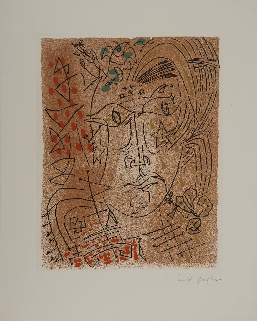 André MASSON : Visage de femme aux oiseaux, Gravure originale signée