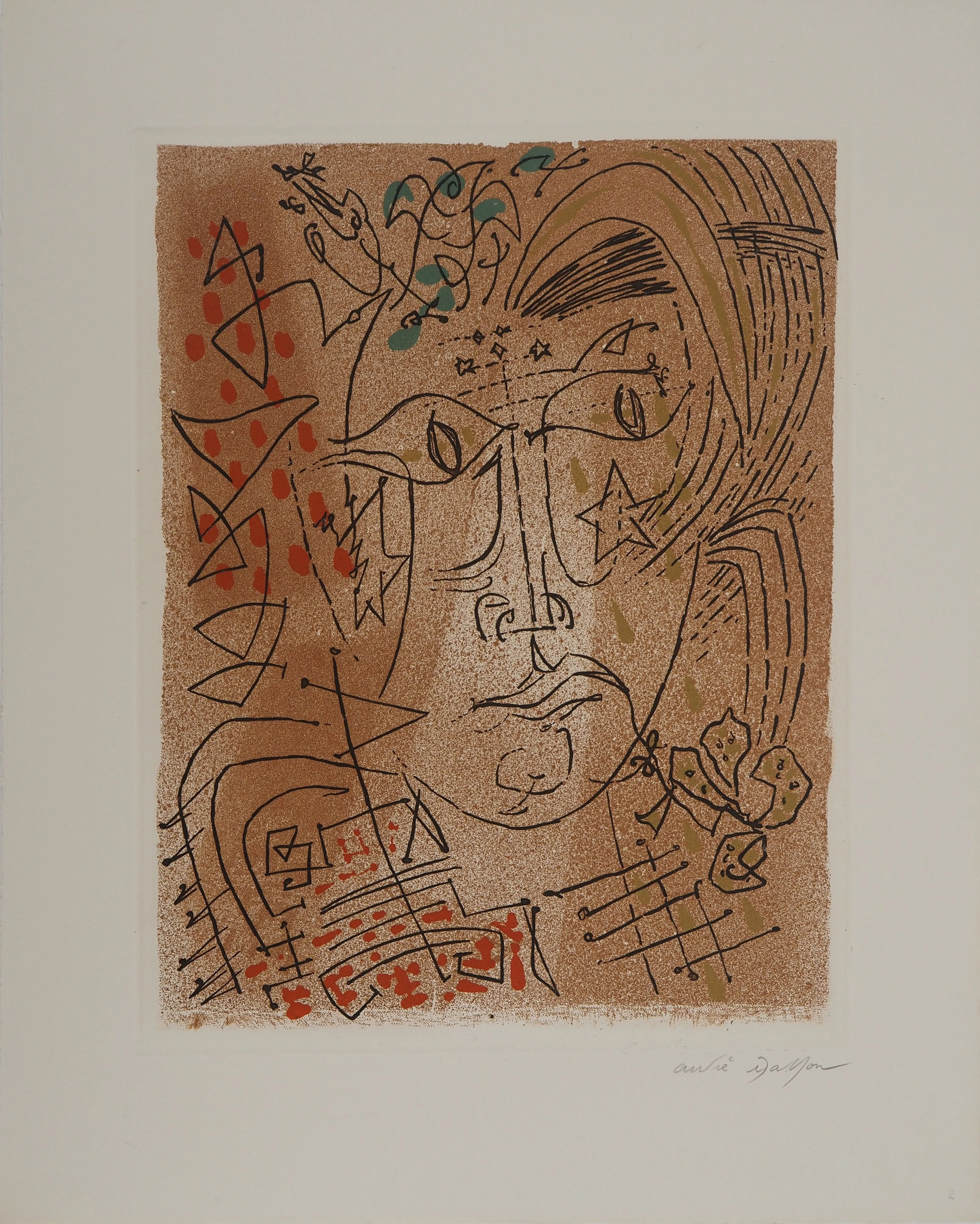 André MASSON : Visage de femme aux oiseaux, Gravure originale signée