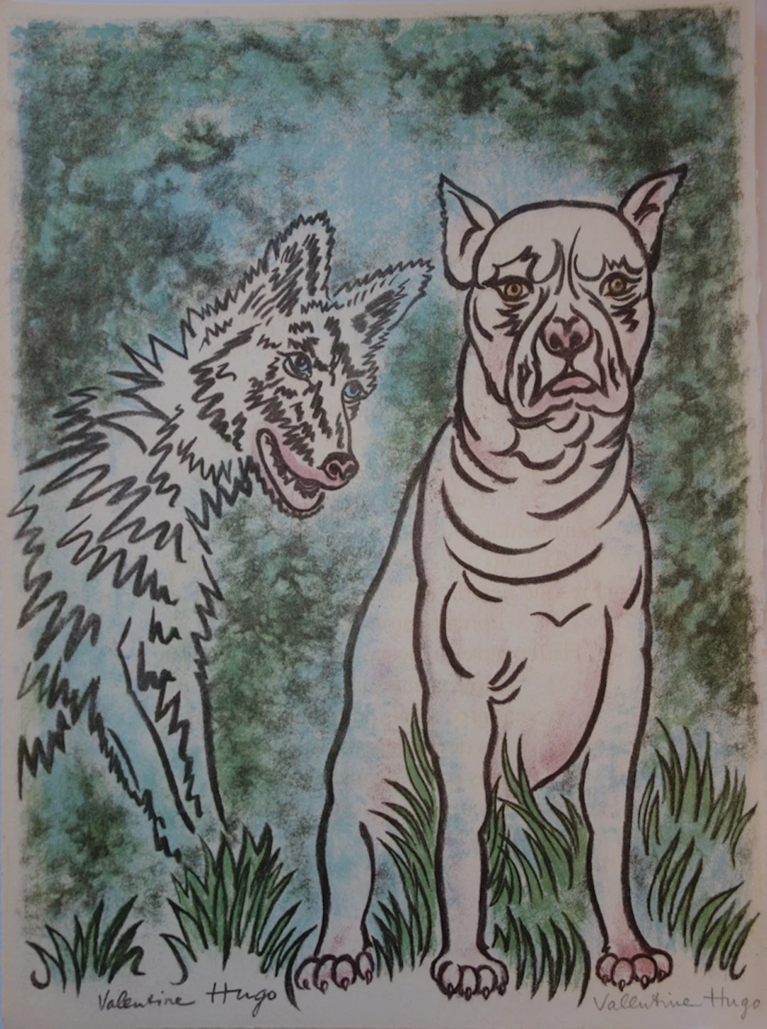 Valentine HUGO - Le loup et le chien, Lithographie originale, signé
