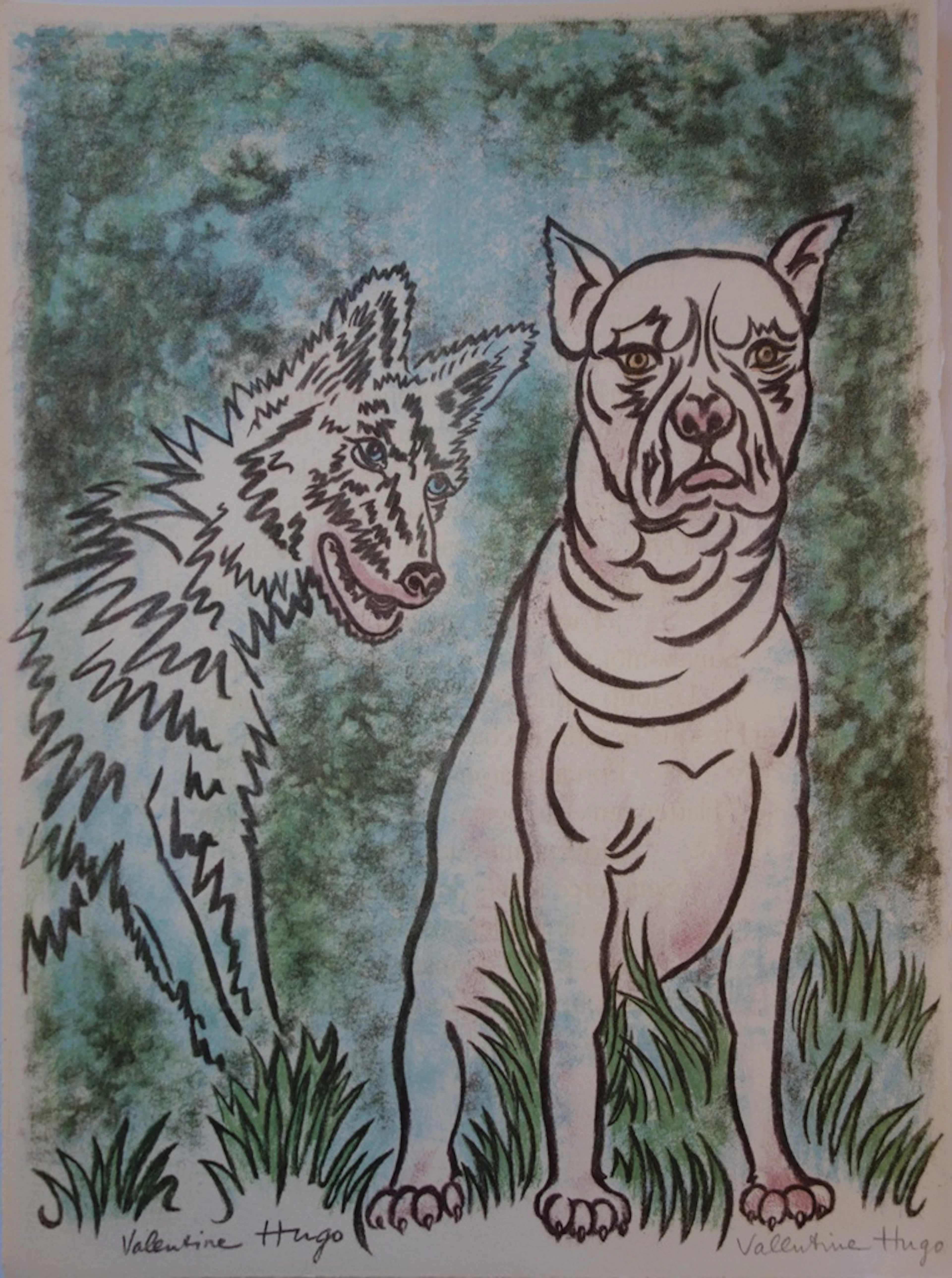 Valentine HUGO - Le loup et le chien, Lithographie originale, signé