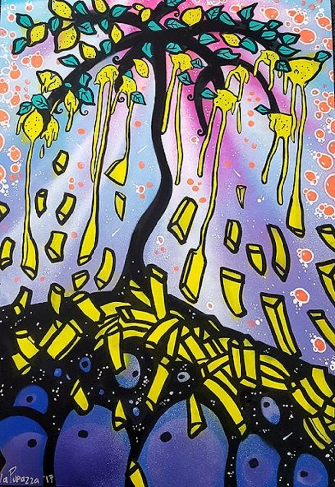 La Pupazza - frites et citronnier - acrylique et spray sur papier