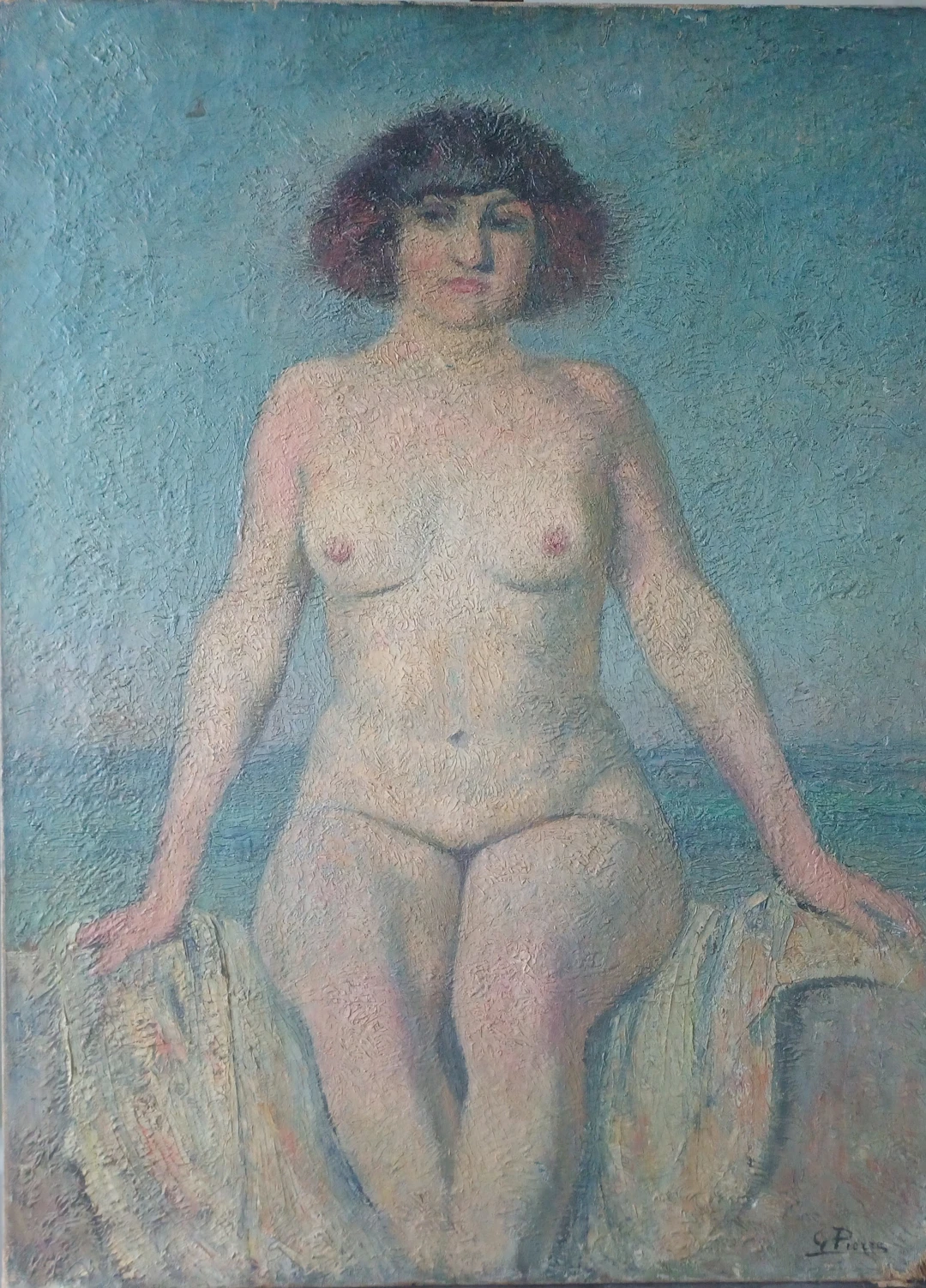 Gustave Pierre Baigneuse devant la mer en Bretagne , Huile sur toile