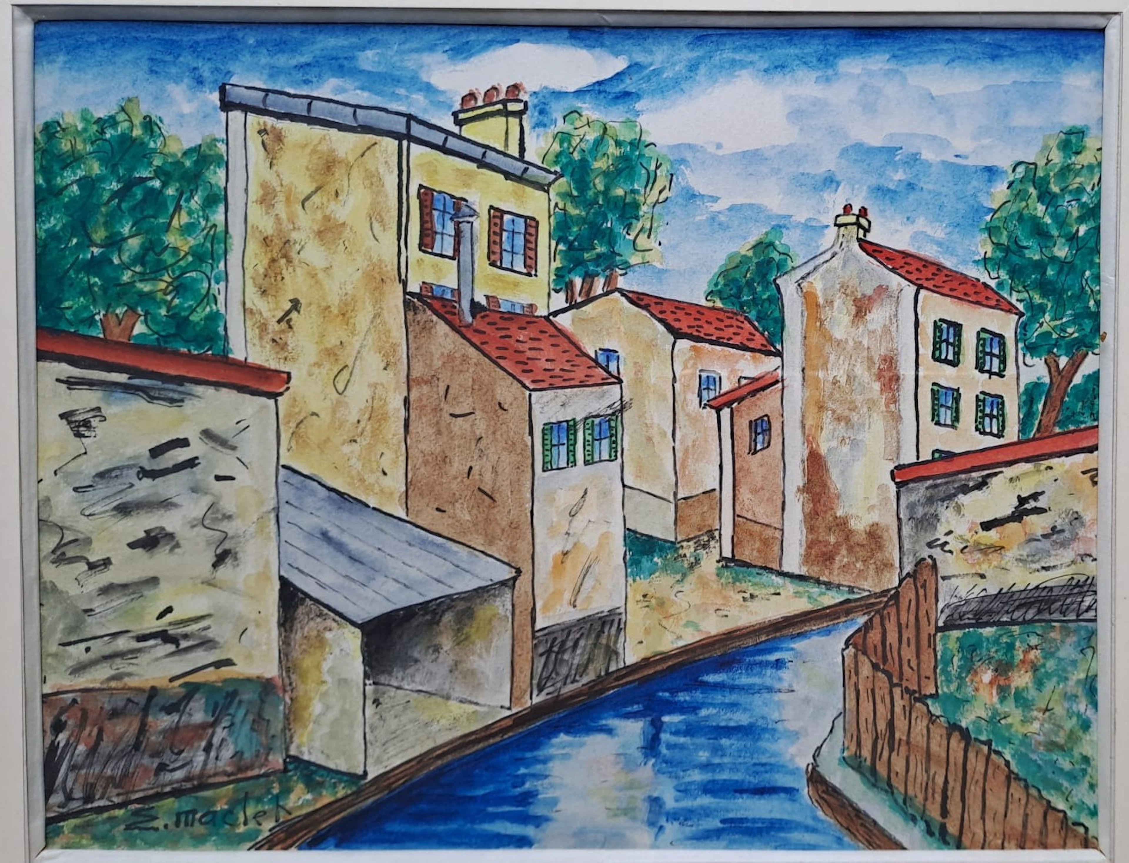 Elisée Maclet - Maisons au bord du canal - Plume encre et gouache signée