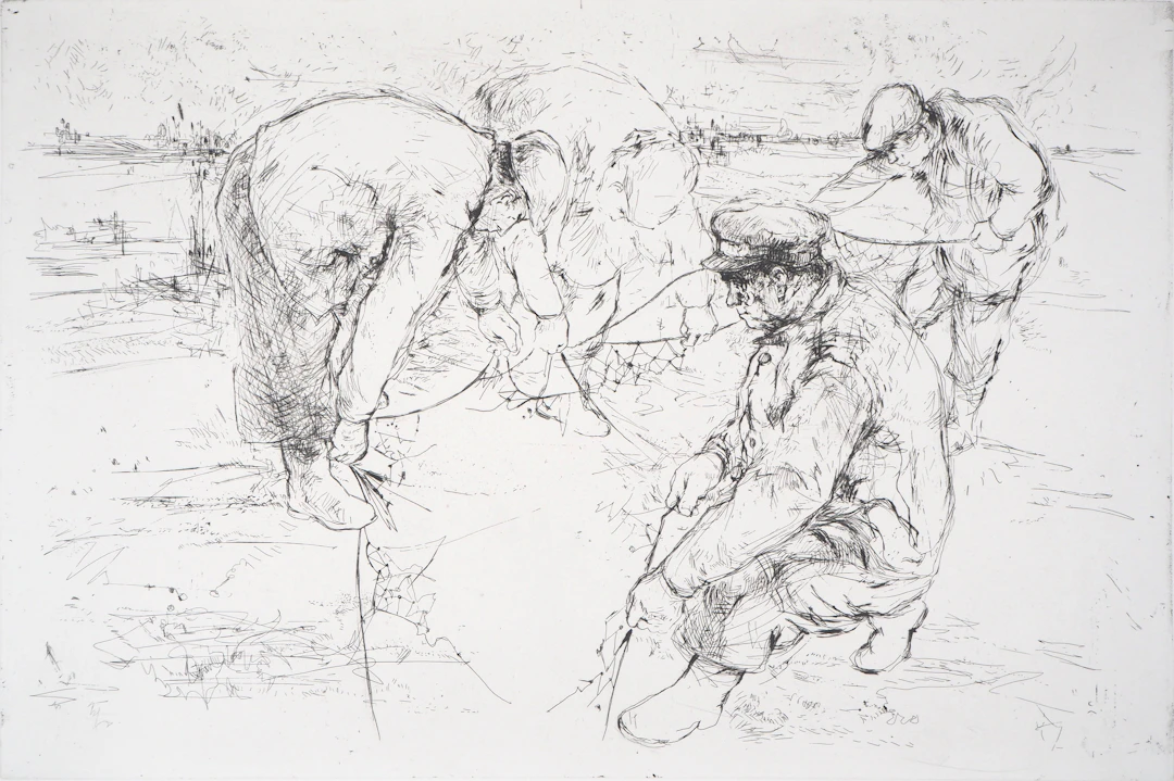 Yves-Jean COMMERE : Chasseurs plaçant un piège - Gravure originale signée
