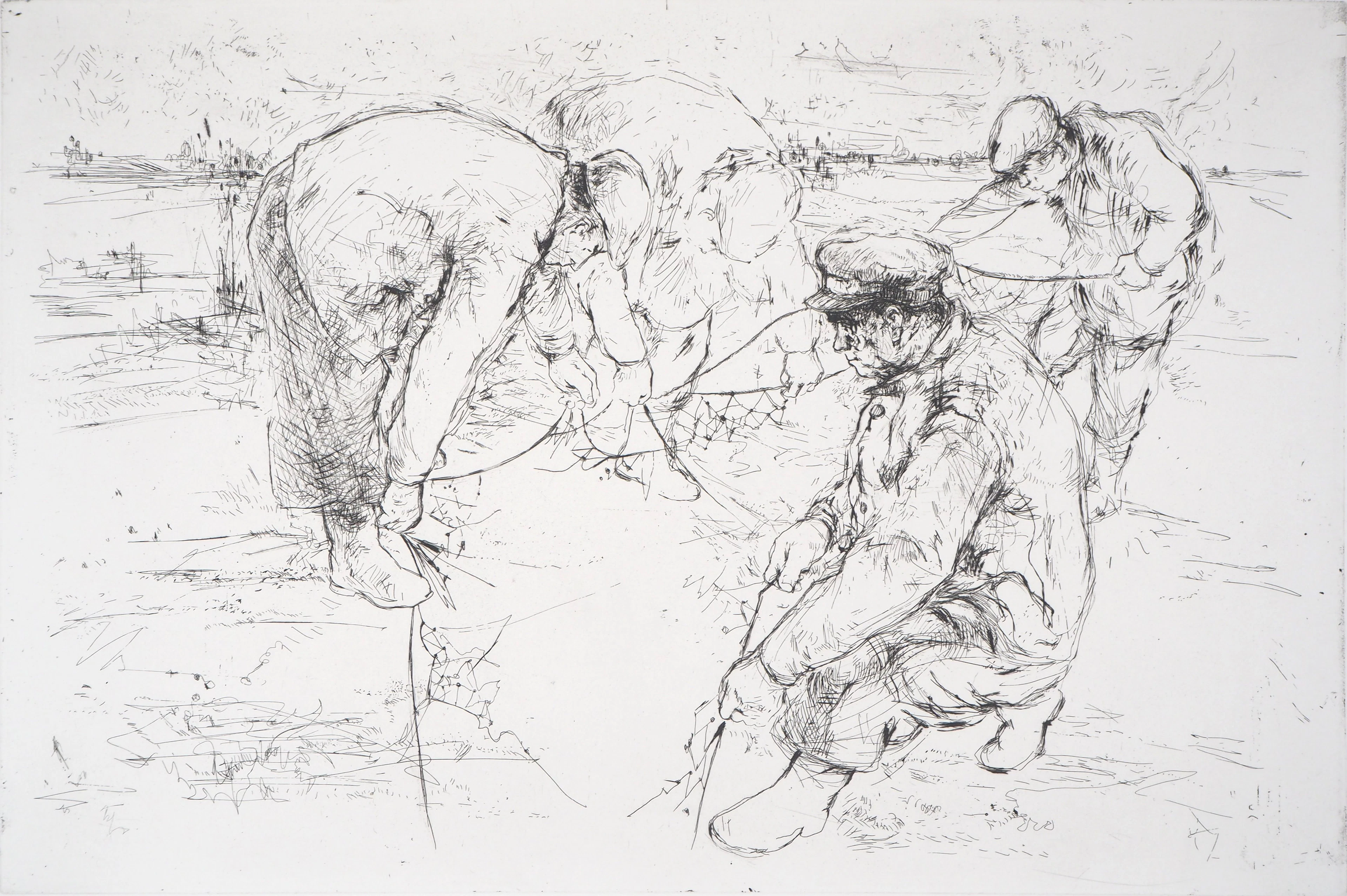 Yves-Jean COMMERE : Chasseurs plaçant un piège - Gravure originale signée