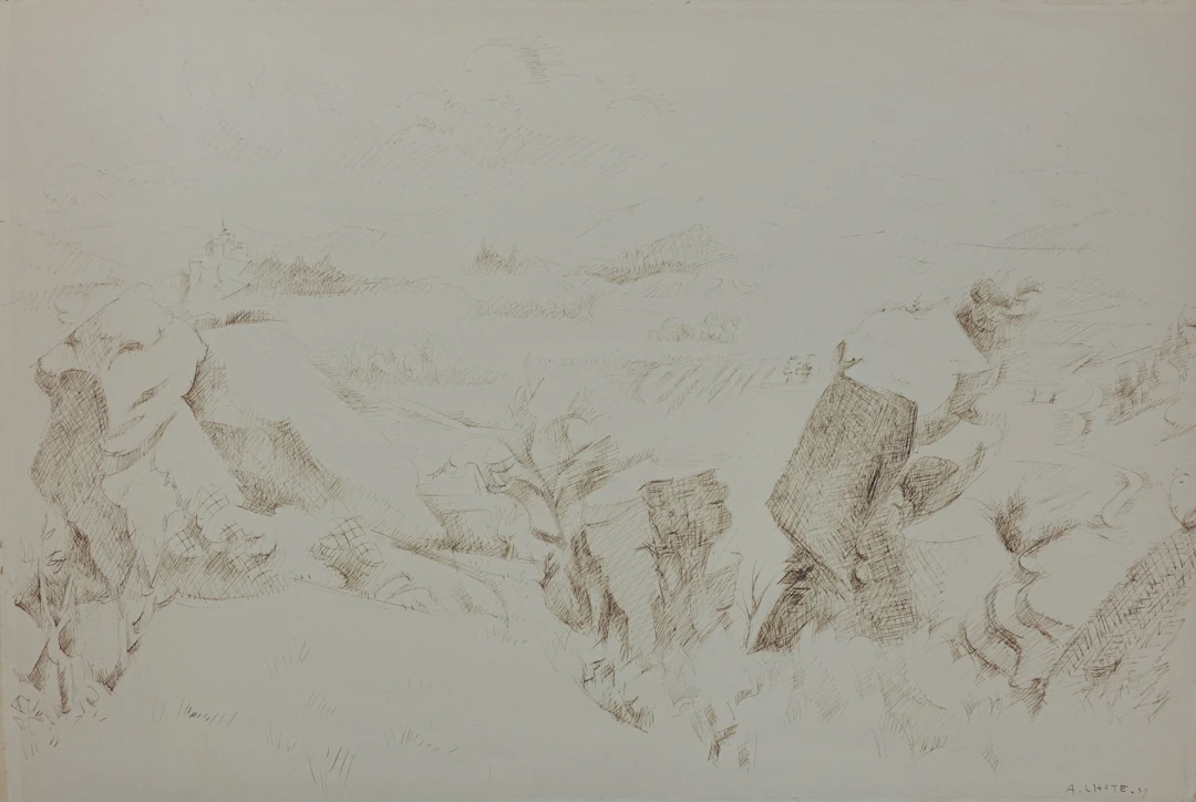 André LHOTE : Provence : Paysage près de Mirmande - Dessin original