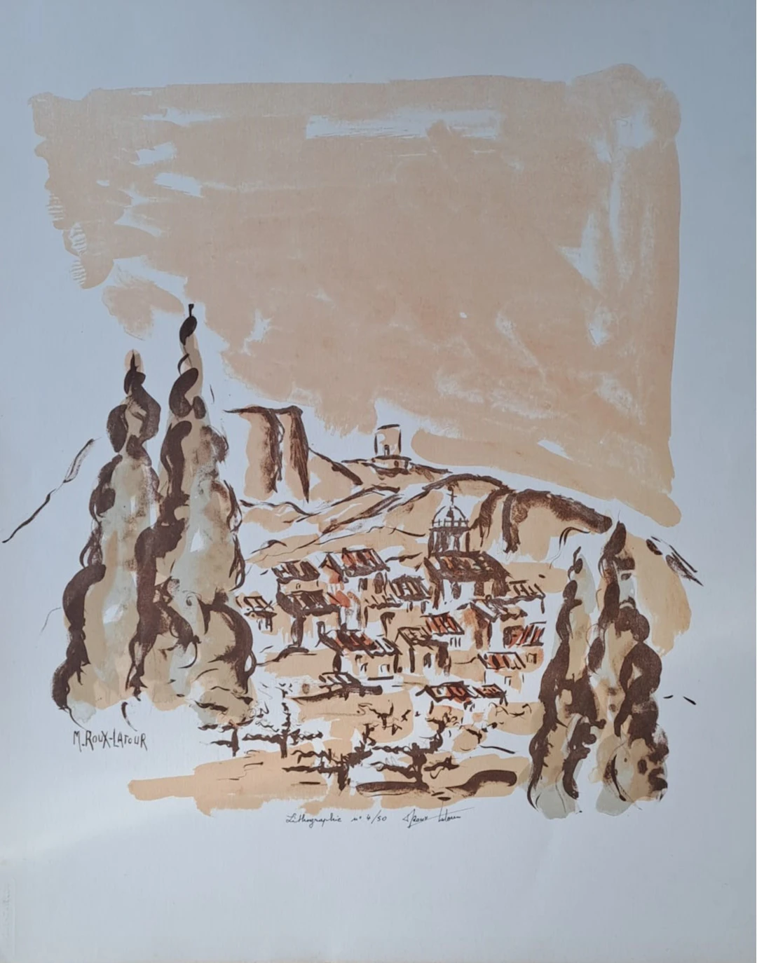 Michèle Roux-Latour - Village sur la colline - Lithographie originale