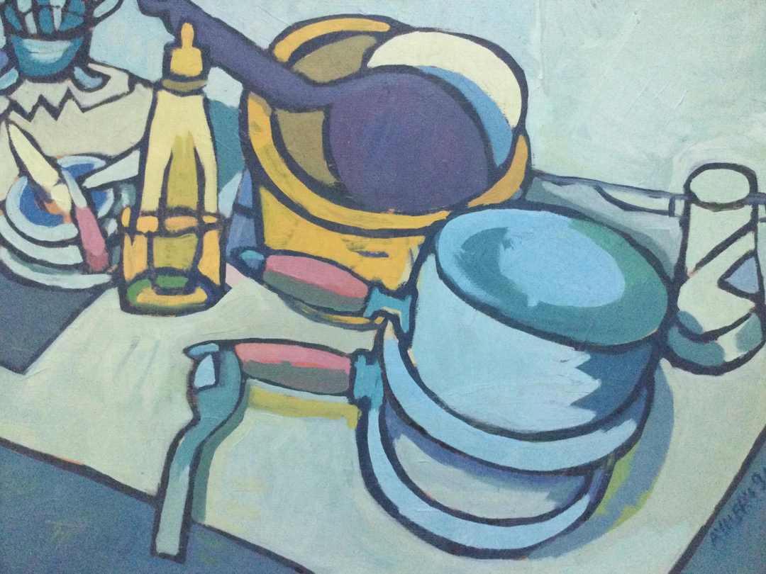 Aymery ROLLAND - Nature morte à la vaisselle , 1990 - Huile sur toile signée