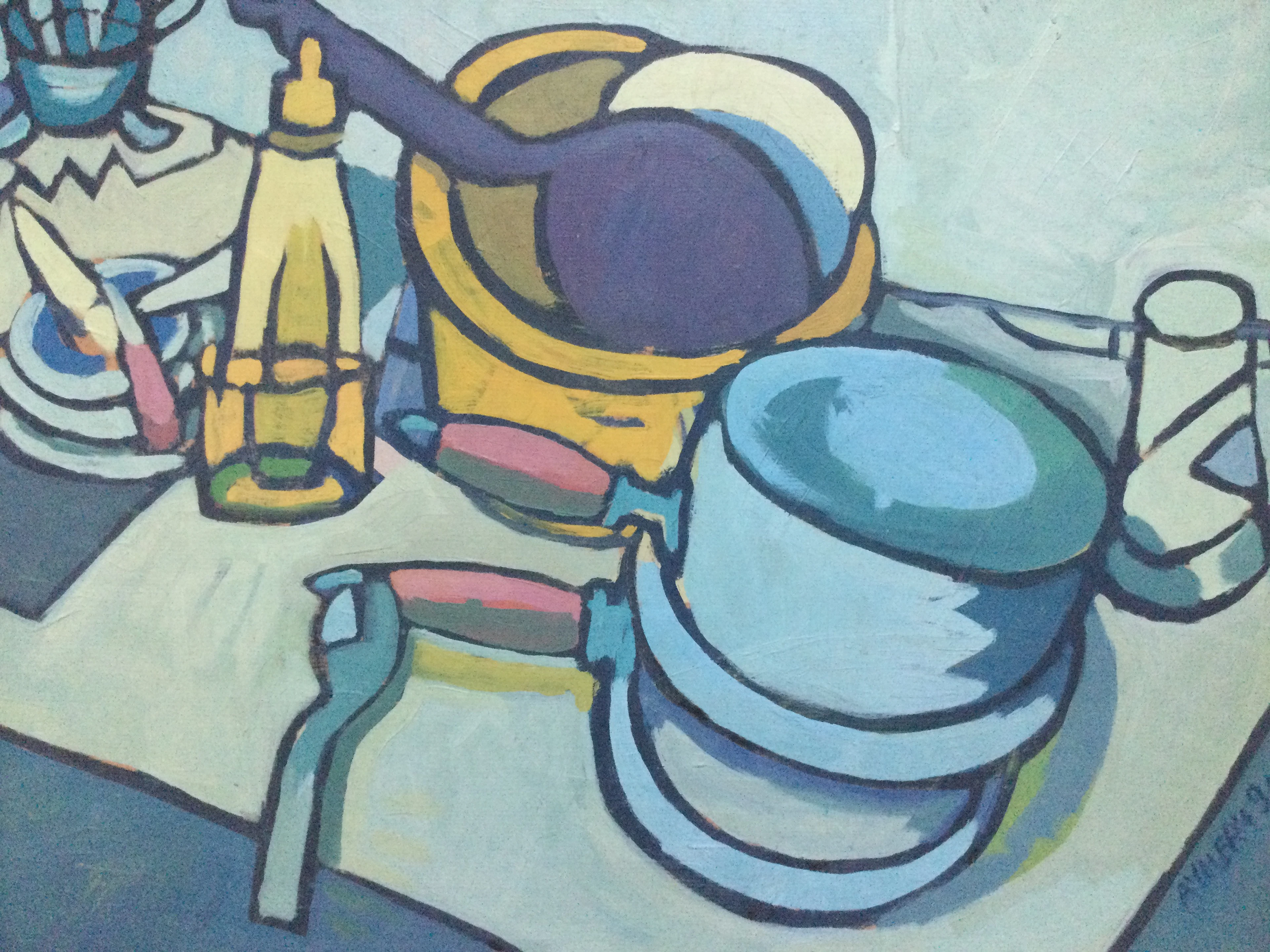 Aymery ROLLAND - Nature morte à la vaisselle , 1990 - Huile sur toile signée