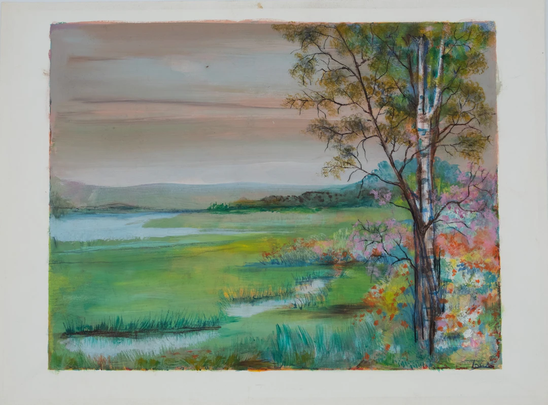 TORRES : Paysage au bouleau - Gouache et pastel signée